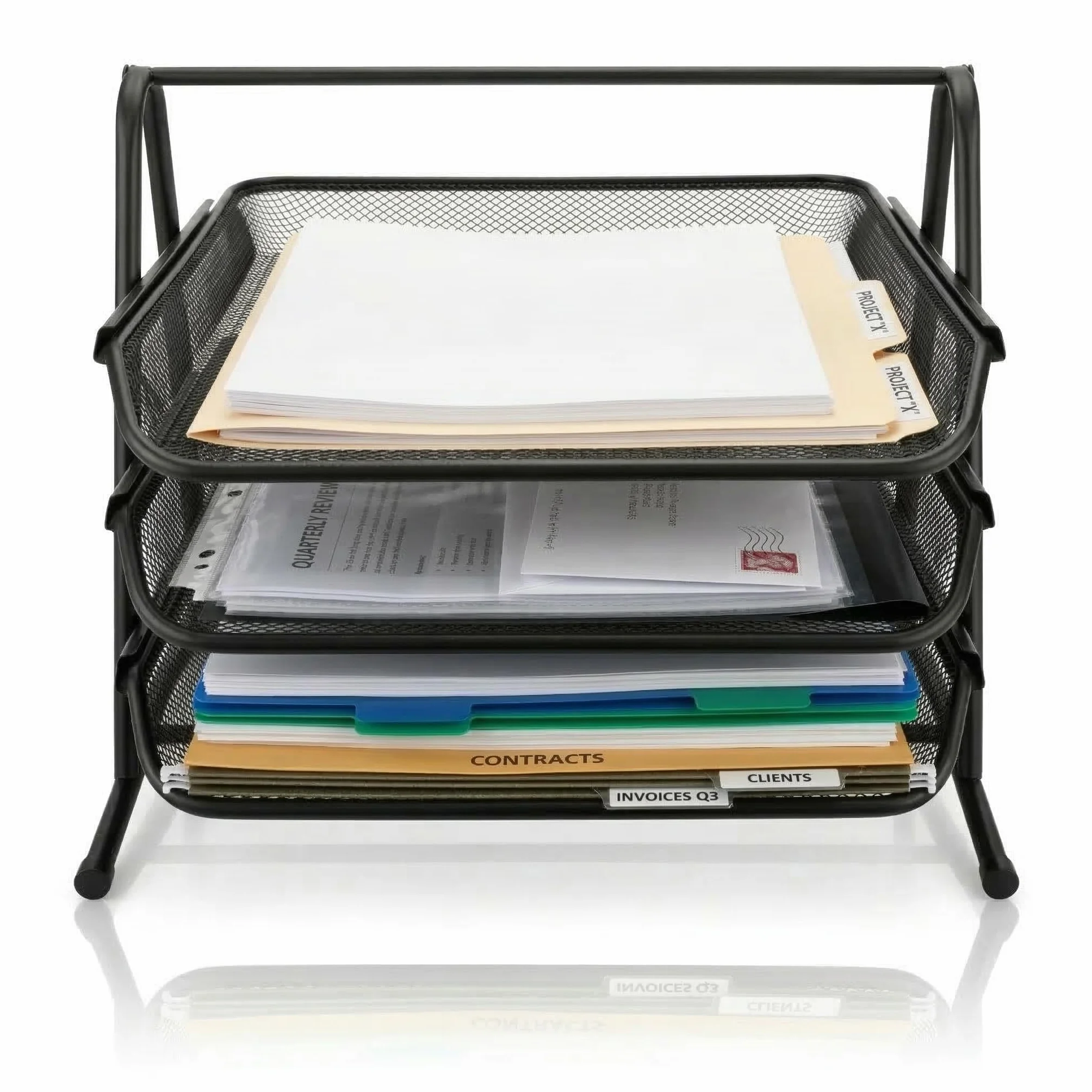D.RECT KOMO Portadocumenti da Scrivania 3 Scomparti Metallo Rete Organizer A4 Estraibile 350x297x275 mm