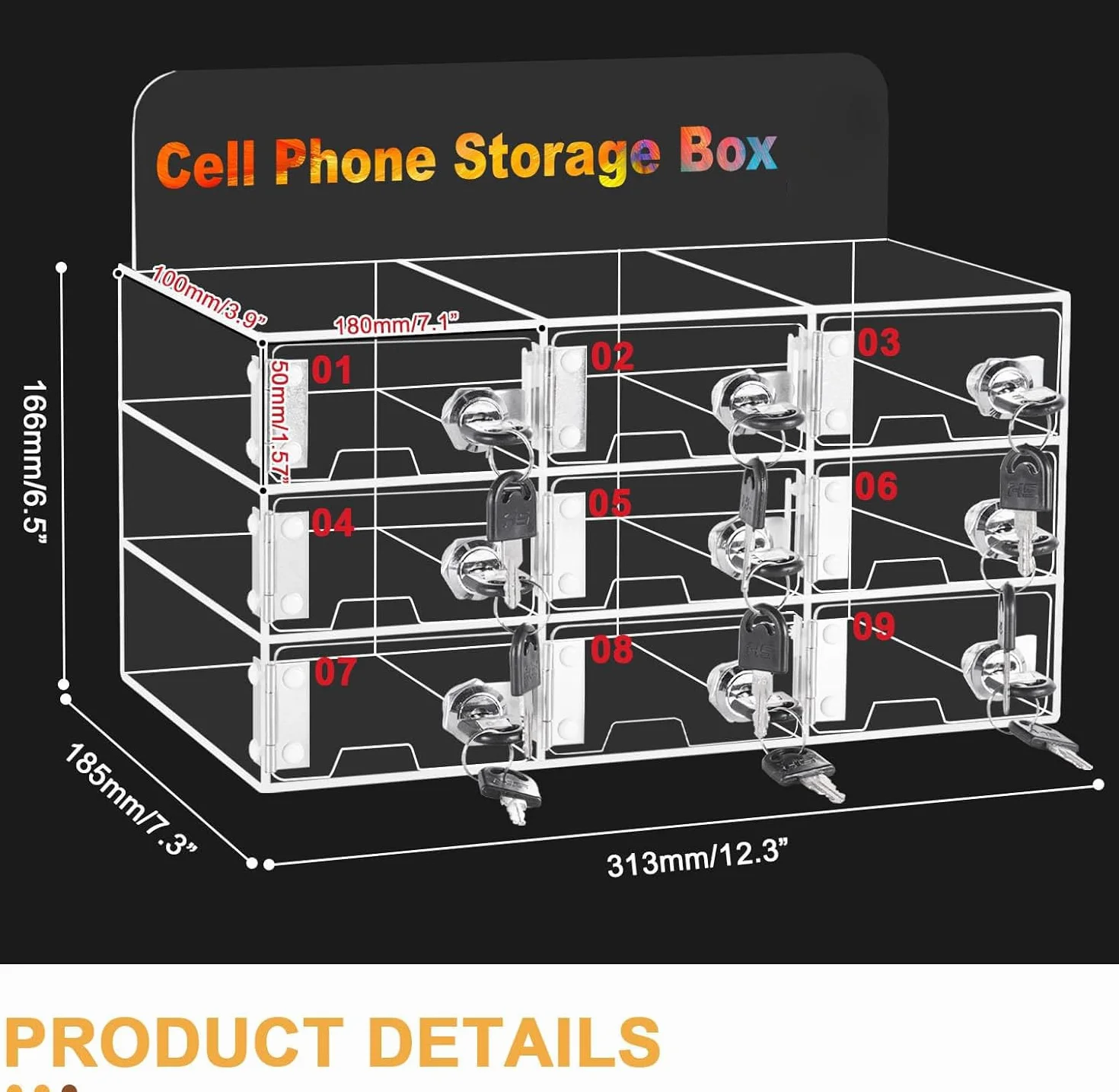 MXBAOHENG Armadietto per cellulare in acrilico, a parete, con serrature e chiavi, organizzatore per cellulare, per ufficio, scuola, aula (9 scomparti)