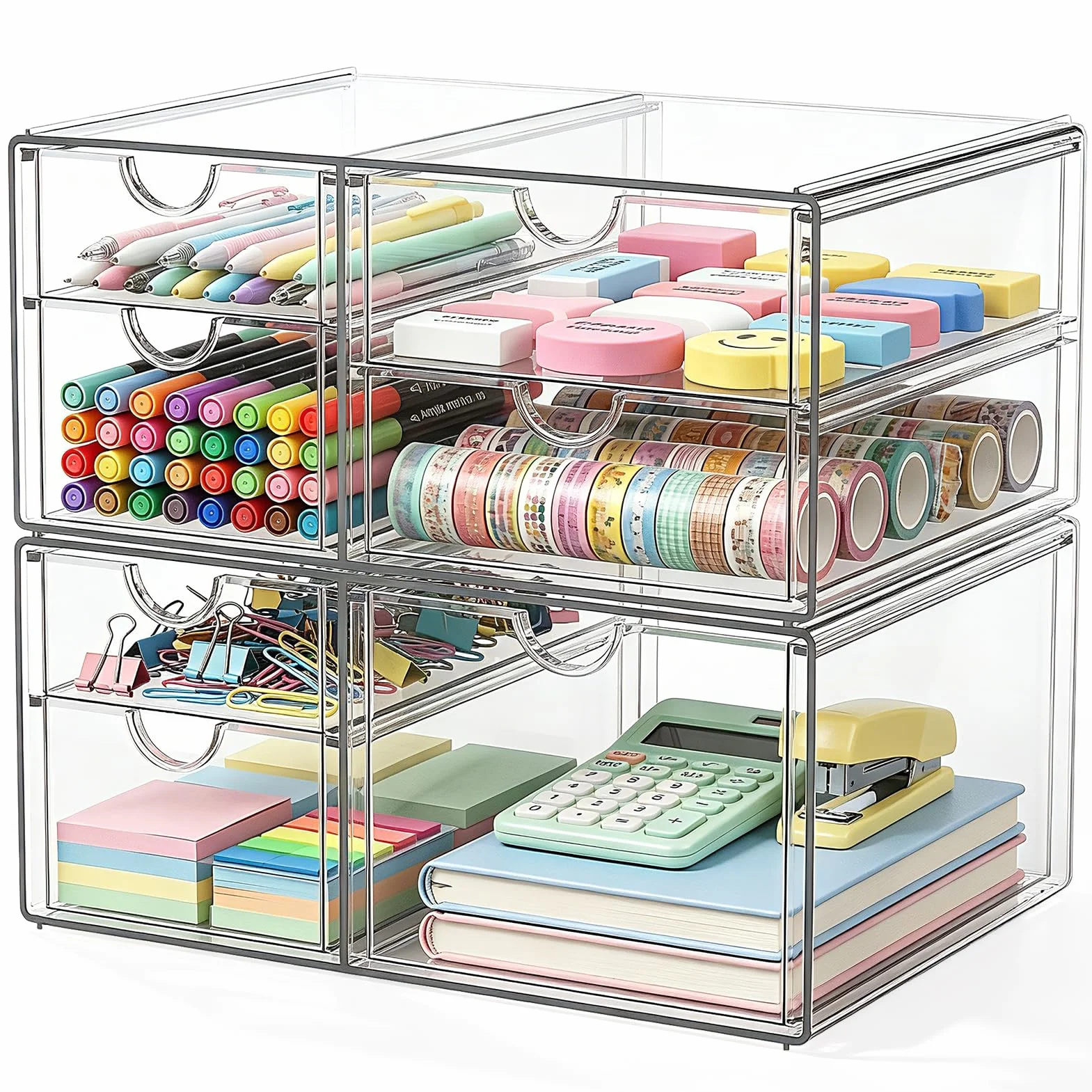 GoMaihe Set di 2 Organizer da Scrivania, Portaoggetti Make-up con 7 Cassetti, Trasparenti, Antipolvere per Trucco, Gioielli, Penne, Cancelleria