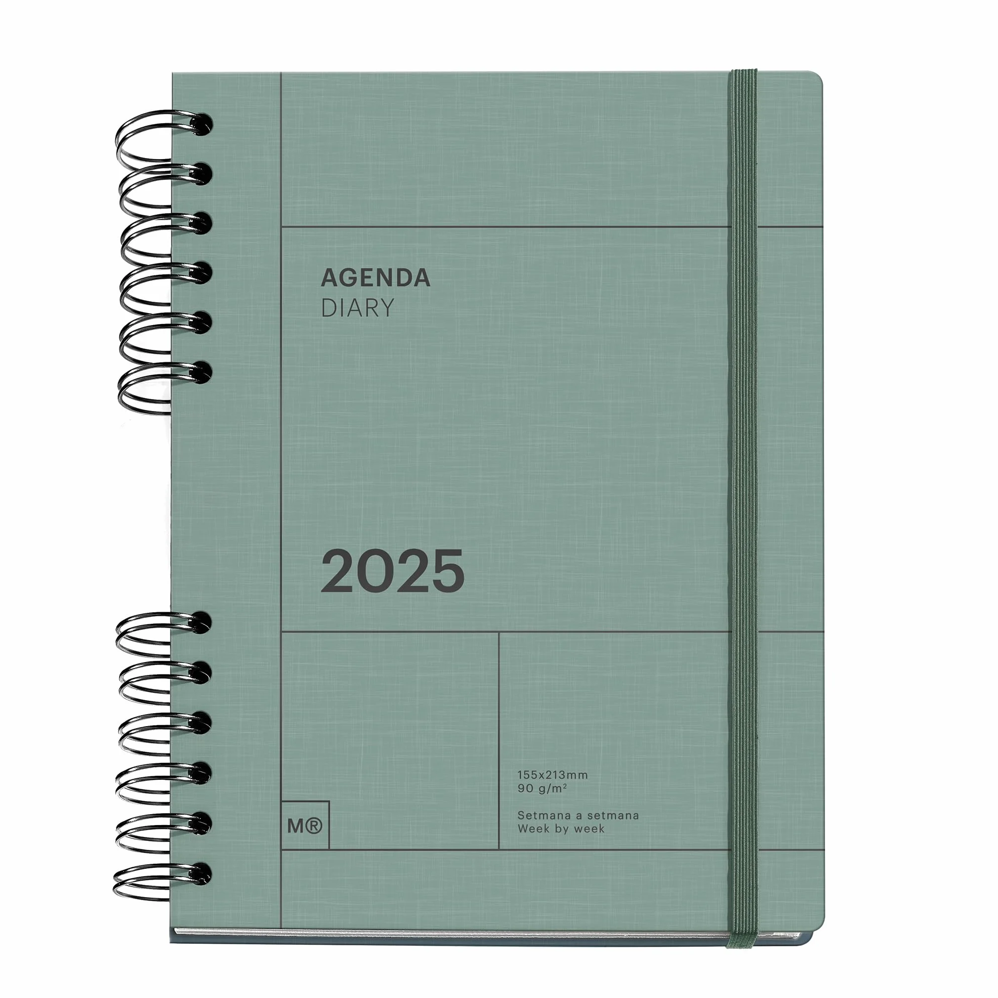 Miquelrius - Agenda 2025, Agenda annuale 155x213 mm, Agenda settimana vista, copertina in cartone foderato, carta sostenibile 100 g/m², chiusura gomma, catalano, inglese e portoghese, verde