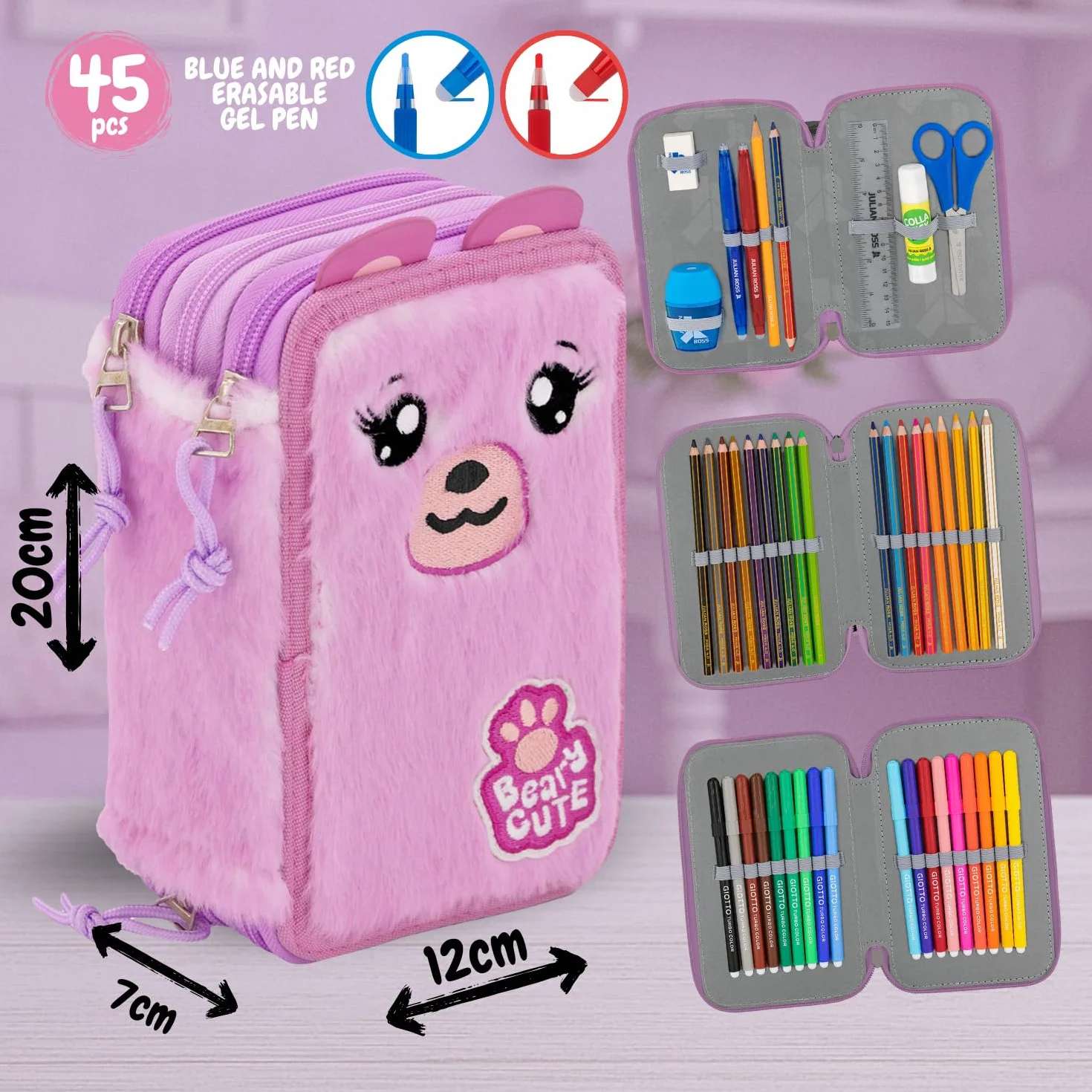 Julian Ross Astuccio 3 Scomparti Fluffy 45 Pezzi, Penne Gel Cancellabili, Colla, Forbici, Pastelli 4.0, 3 Zip, Bambina, Scuola, Orsetto Rosa