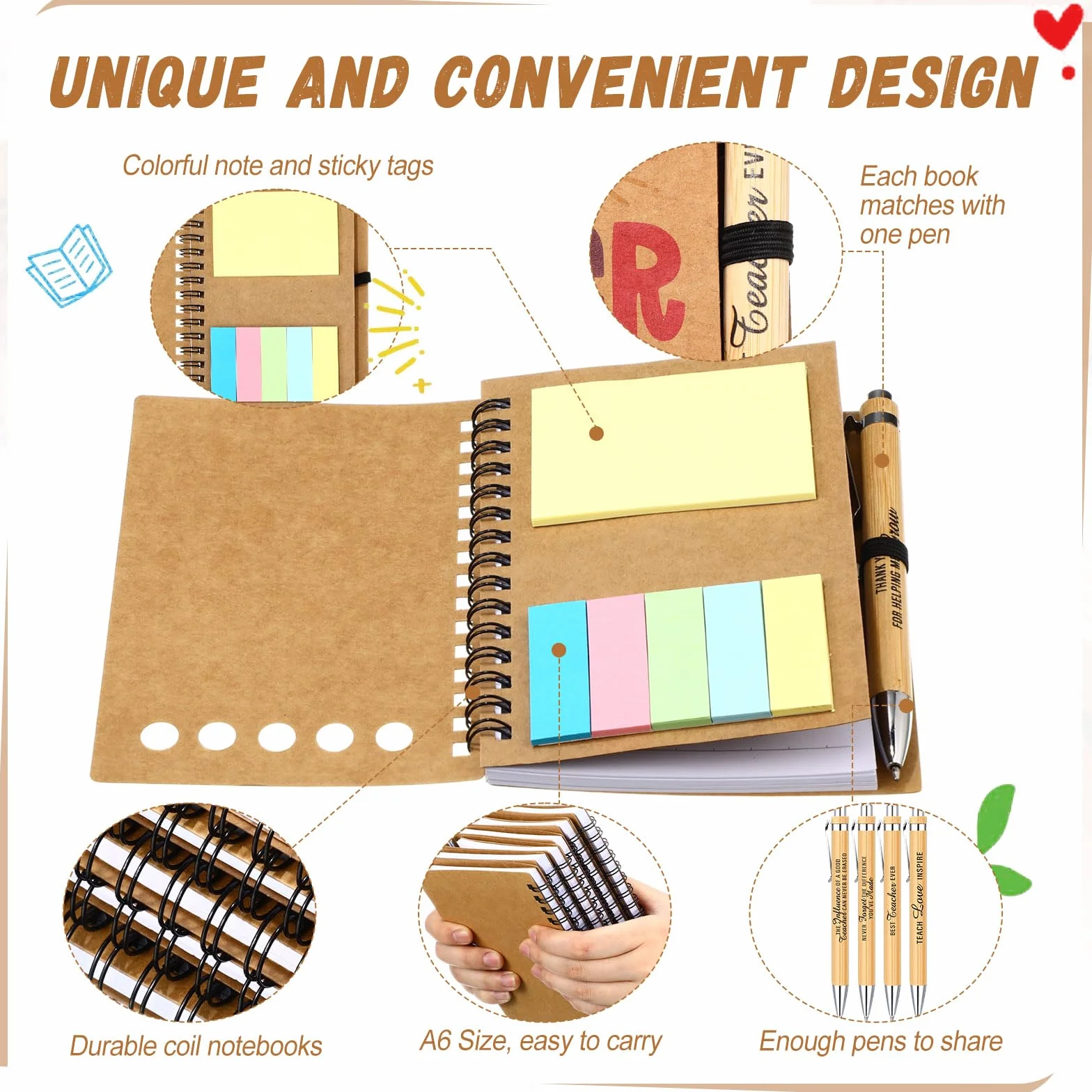 Resurhang 24 set di regali di apprezzamento per insegnanti da studenti, quaderni a spirale per insegnanti con copertina in carta kraft con note adesive colorate bandiere penne a sfera in bambù