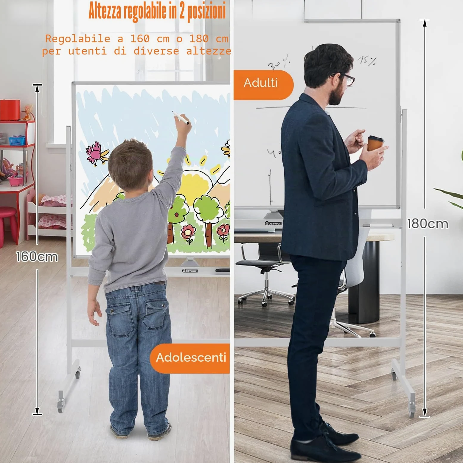 GIANTEX Lavagna Bianca Mobile con Supporto, 120 x 90 cm, Lavagna Magnetica Double Face, Regolabile in Altezza e Girevole a 360° (Bianco)