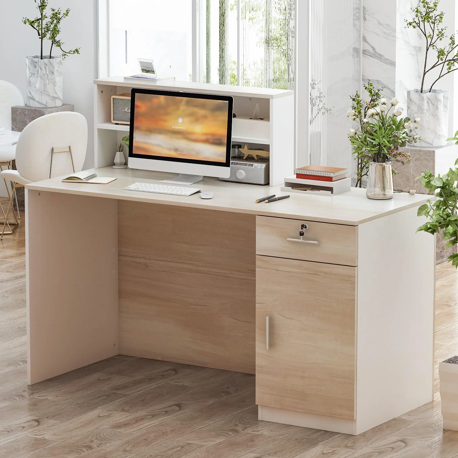 bancone reception, mobile da ufficio in legno e bianco, 140 x 60