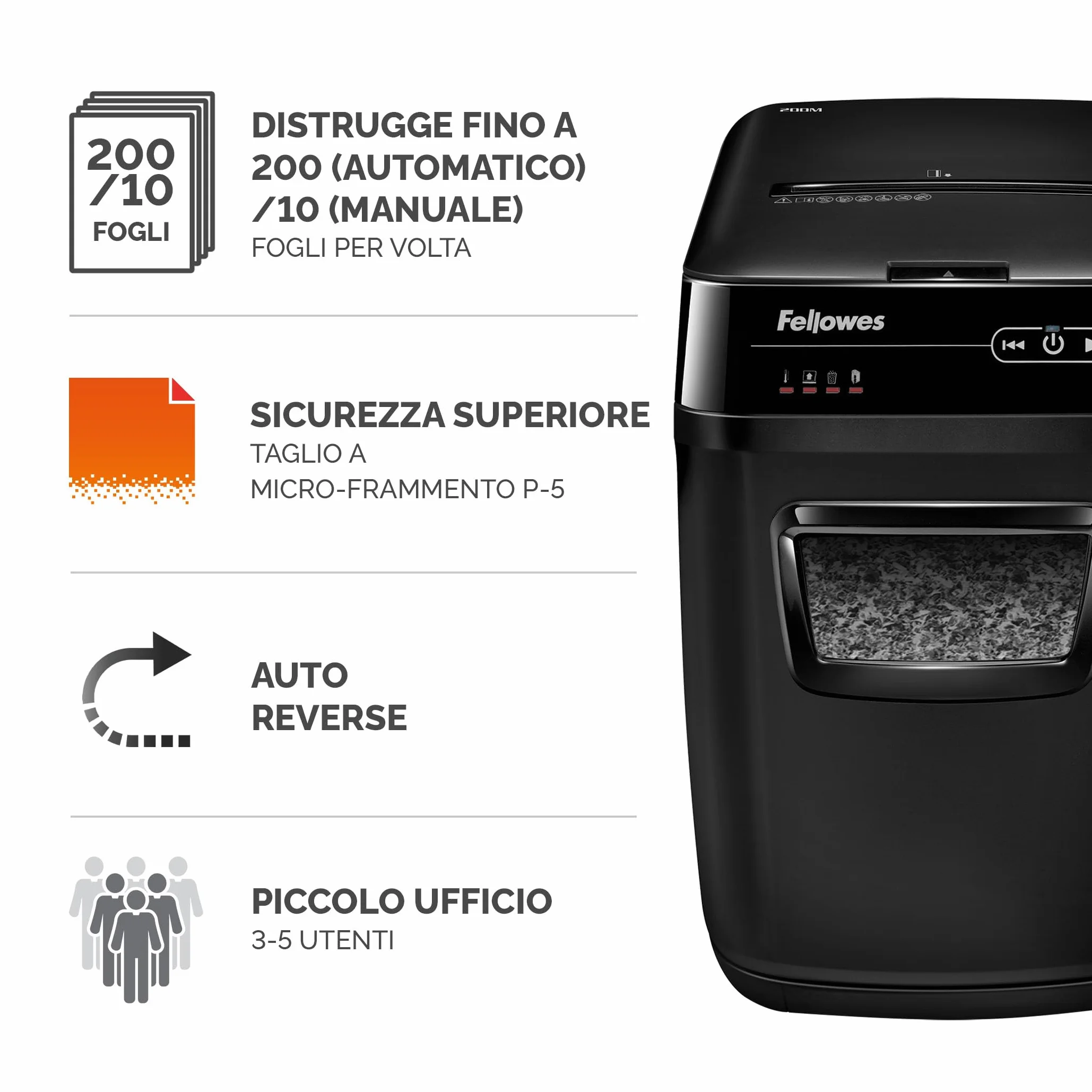 Fellowes Distruggi Documenti Automatico AutoMax 200M, a Microframmento, 200 Fogli, per Uso a Casa o in Ufficio