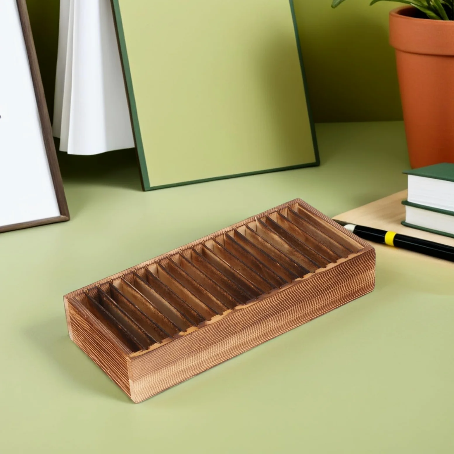 Mikikit Porta Biglietti da Visita in Legno con 20 Divisori Rimovibili Organizer da Scrivania Multifunzionale per Ufficio e Casa Scatola Porta Carte di Credito Portatile per Donna e Uomo
