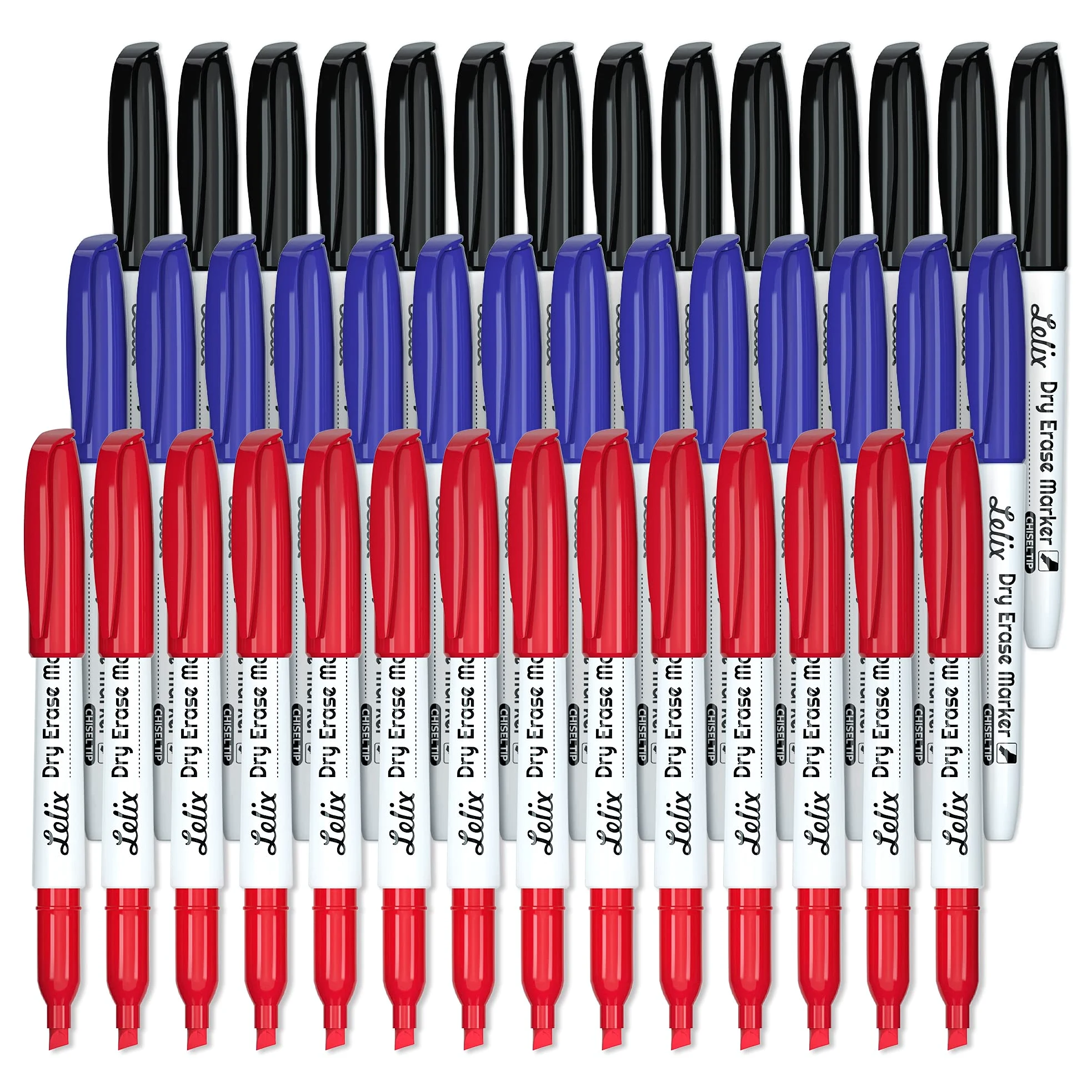 Lelix Pennarelli cancellabili a secco, confezione da 42, 14 neri + 14 blu + 14 rossi cancellabili a secco, punta a scalpello, pennarelli cancellabili a secco, per scuola, forniture per ufficio,
