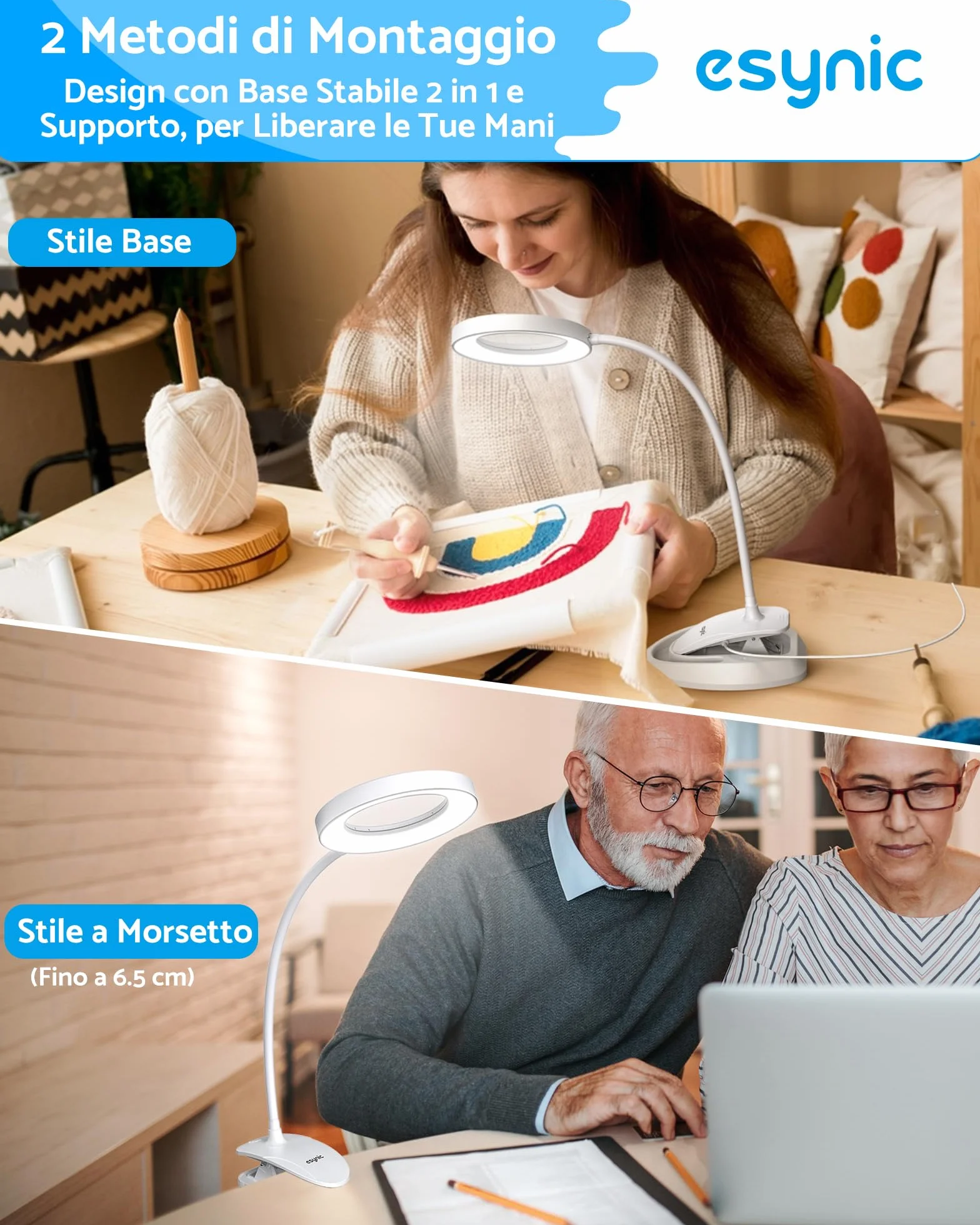 eSynic 2 in 1 Lente di Ingrandimento 5X 10X Lampada LED da Tavolo con Morsetto Staccabile e USB Cavo Integrato, Magnifier a 40 LED, 3 Colori Luce, 5 Temperature 3000-6500K, 10 Luminosità Regolabile