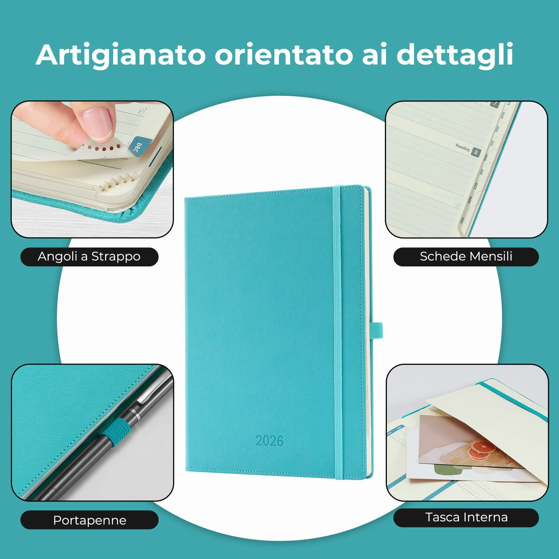 Agenda 2026 A4: Diario 29x21,7 cm, Pianificatore settimanale & giornaliero rilegato, 12 mesi Gen–Dic, carta 100 g/m², copertina pelle PU Azzurro