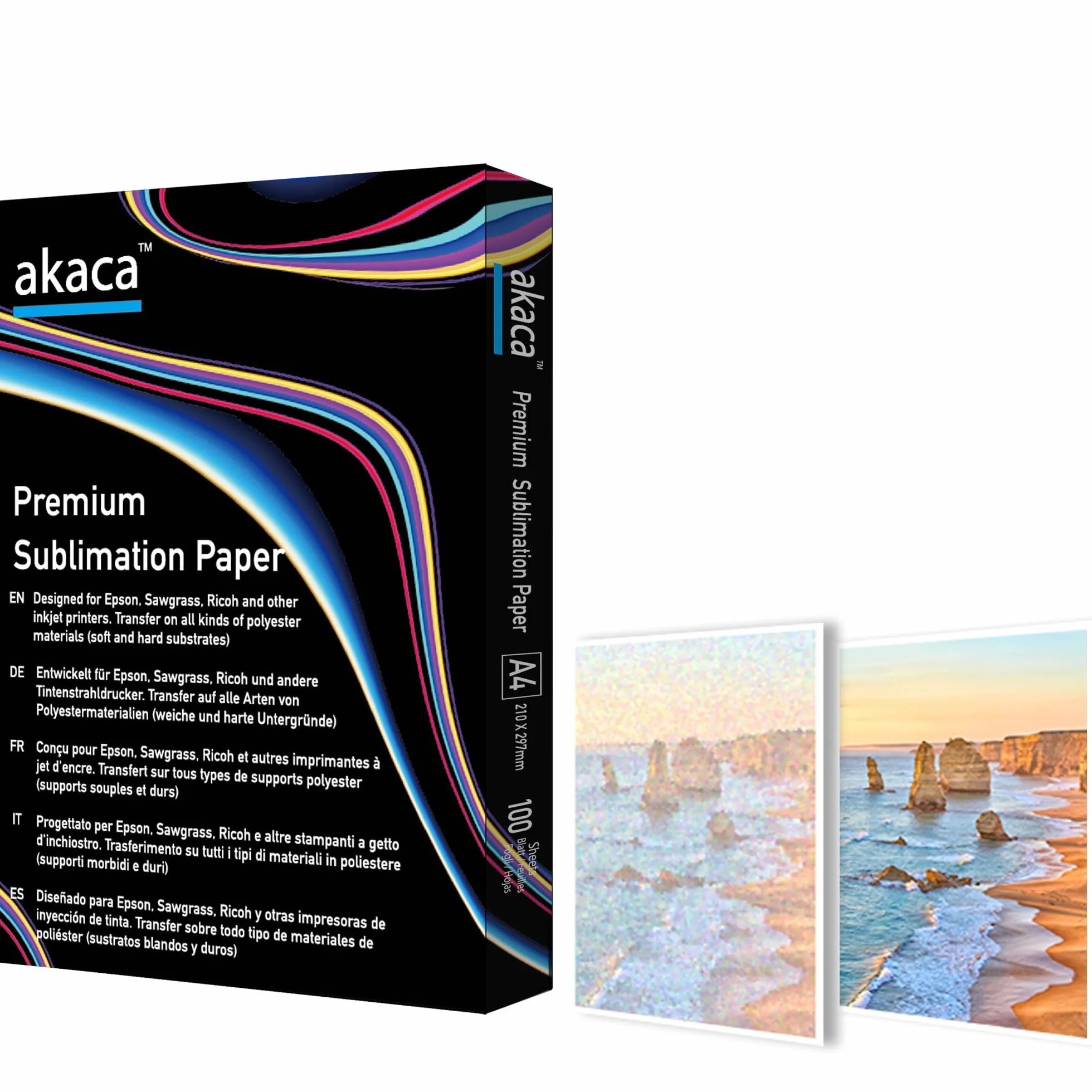 akaca Carta per sublimazione A4, 210 x 297 mm, 120 g/m², 100 fogli, per stampanti Epson Sawgrass Ricoh