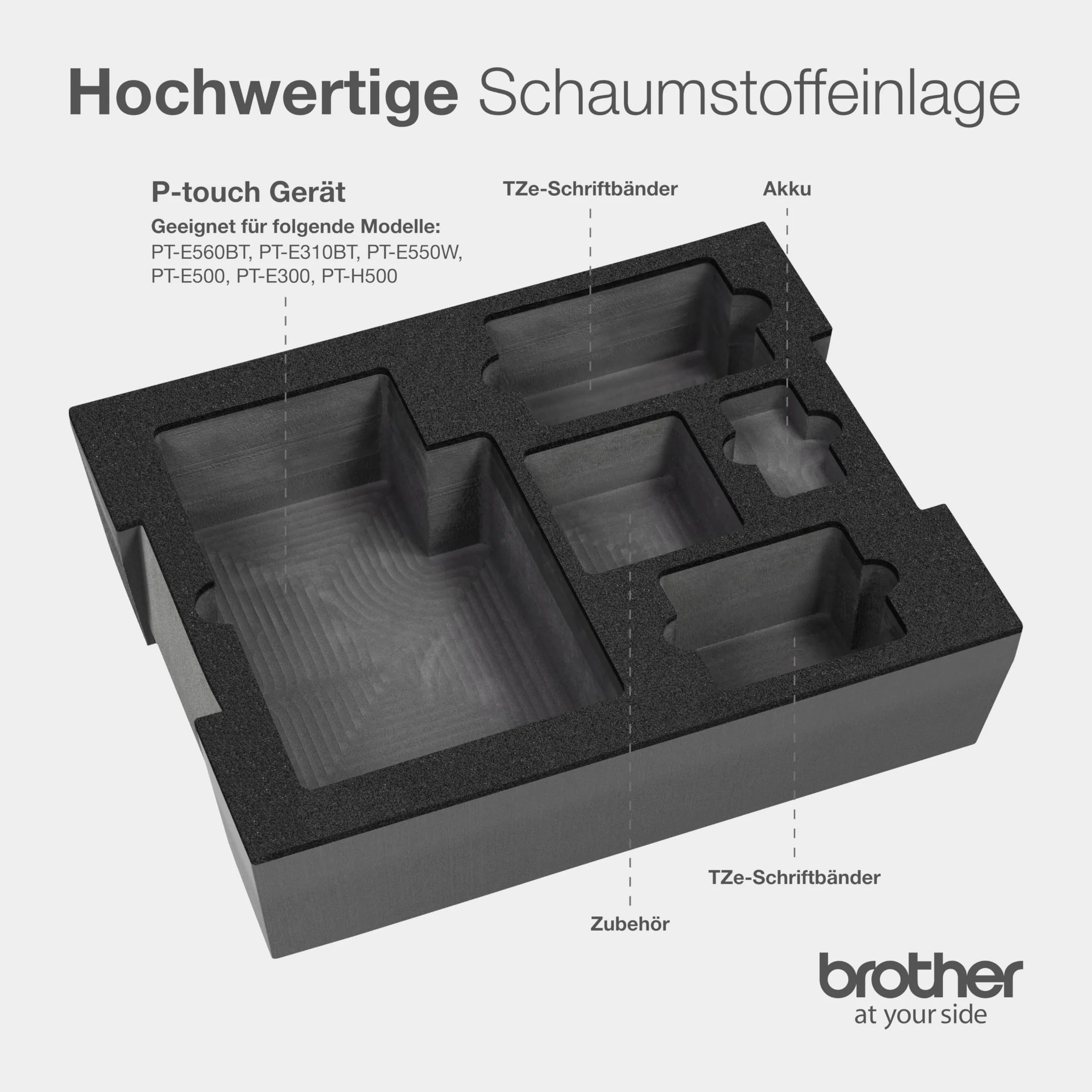 PT-E560BT e Brother L-BOXX 136 con inserto in gommapiuma, certificato da Brother International GmbH