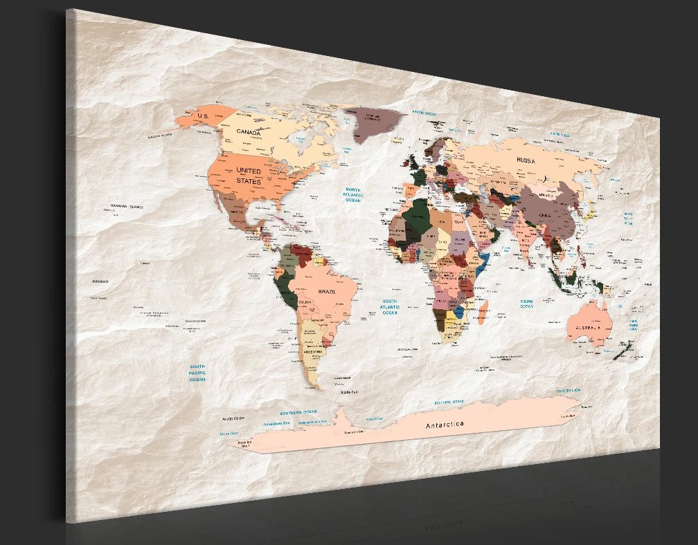 Cuadros B&D XXL - Lavagna Di Sughero per Puntine - Mappa Mondo 120x80 cm 1 Pezzo - Bacheca Sughero da Parete & Quadro su tela in un Uno - Grande Decorativo per Parete per le Note - Terra k-C-0053-p-b