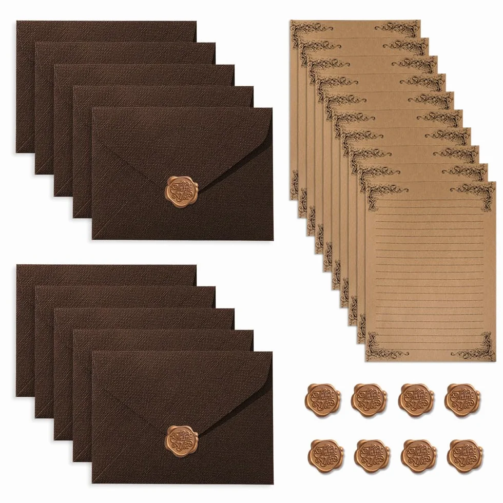 Set di Carta Lettera e Busta Vintage con 10 Adesivi