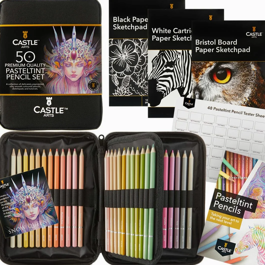 Castle Art Supplies Set di 48 Matite Colori Pastello - con Extra | Colori in tonalità delicate e sontuose per professionisti e artisti adulti - in solida custodia cernierata da viaggio