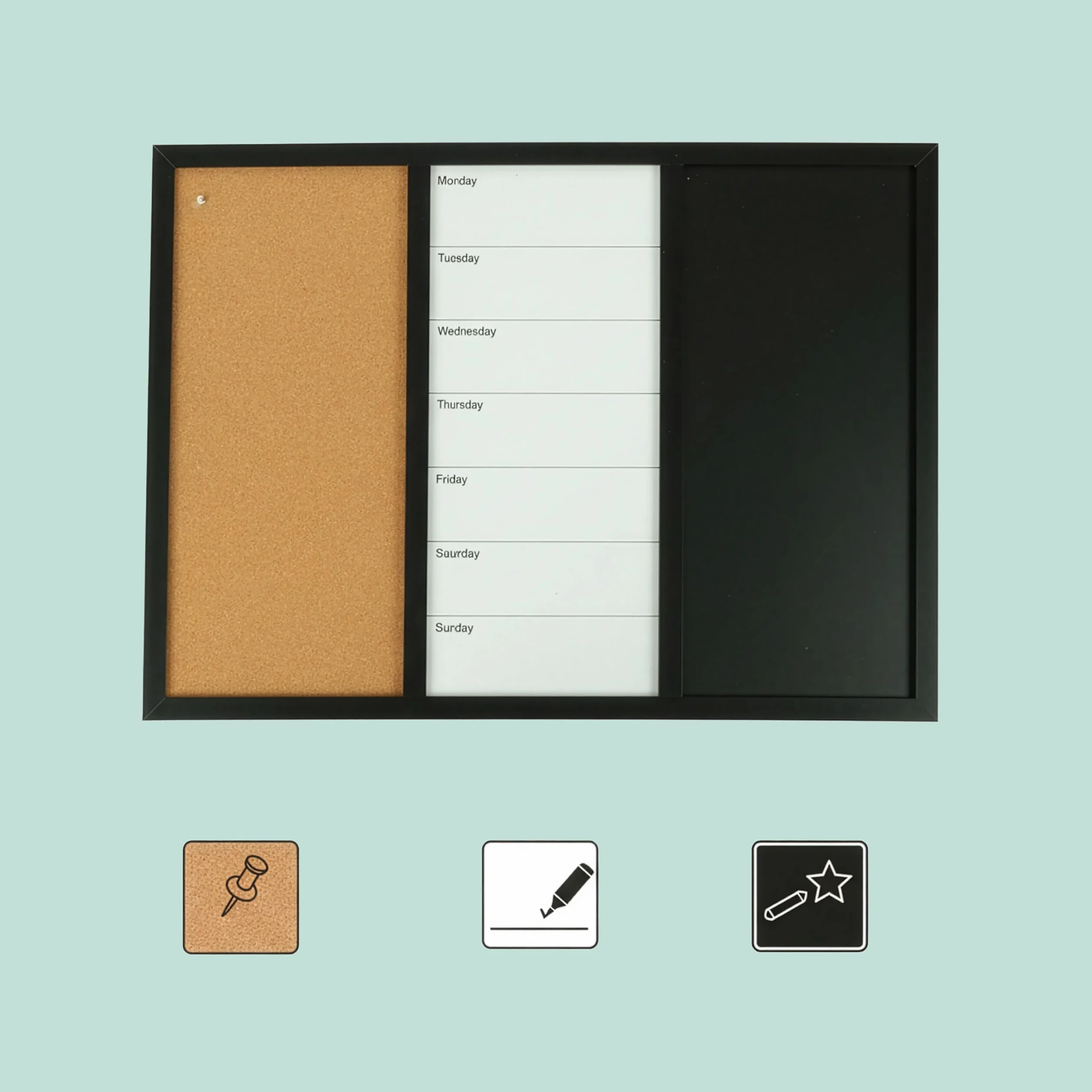 Relaxdays Lavagna combinata 3in1, 60x90 cm, whiteboard, bacheca, a Gesso, Accessori, memoboard Magnetico, Multicolore
