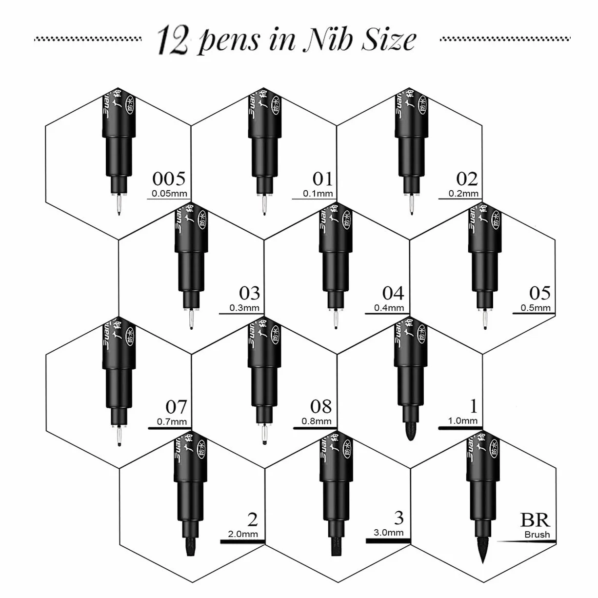 Black Fineliner Pen Set 12-Piece Micro Liner Drawing Sketching Pens