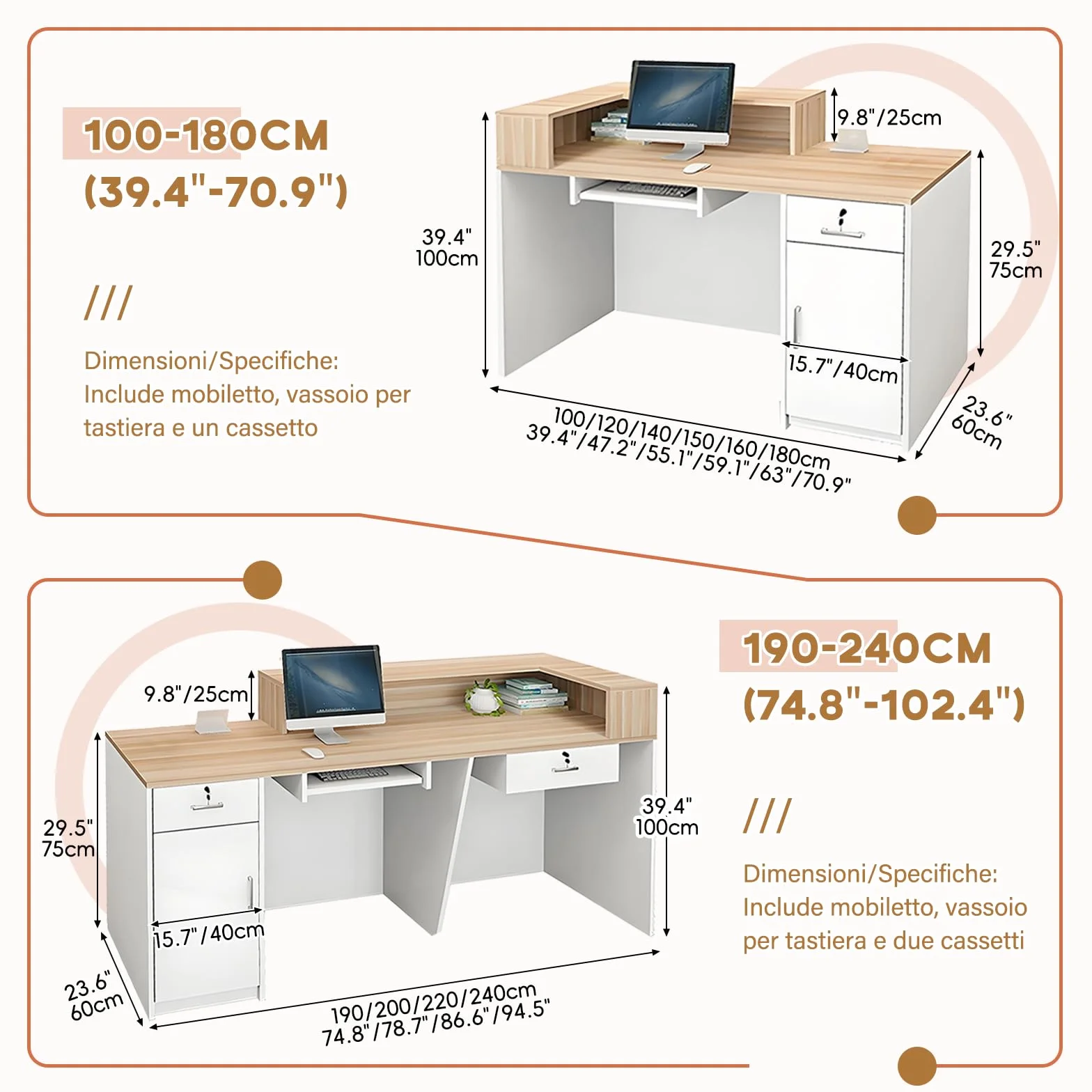 Bancone Reception con Cassetto e Ripiani Aperti, 100–240 cm Banco Reception Moderno per Uffici, adatto per Saloni, Hall e Negozi al Dettaglio