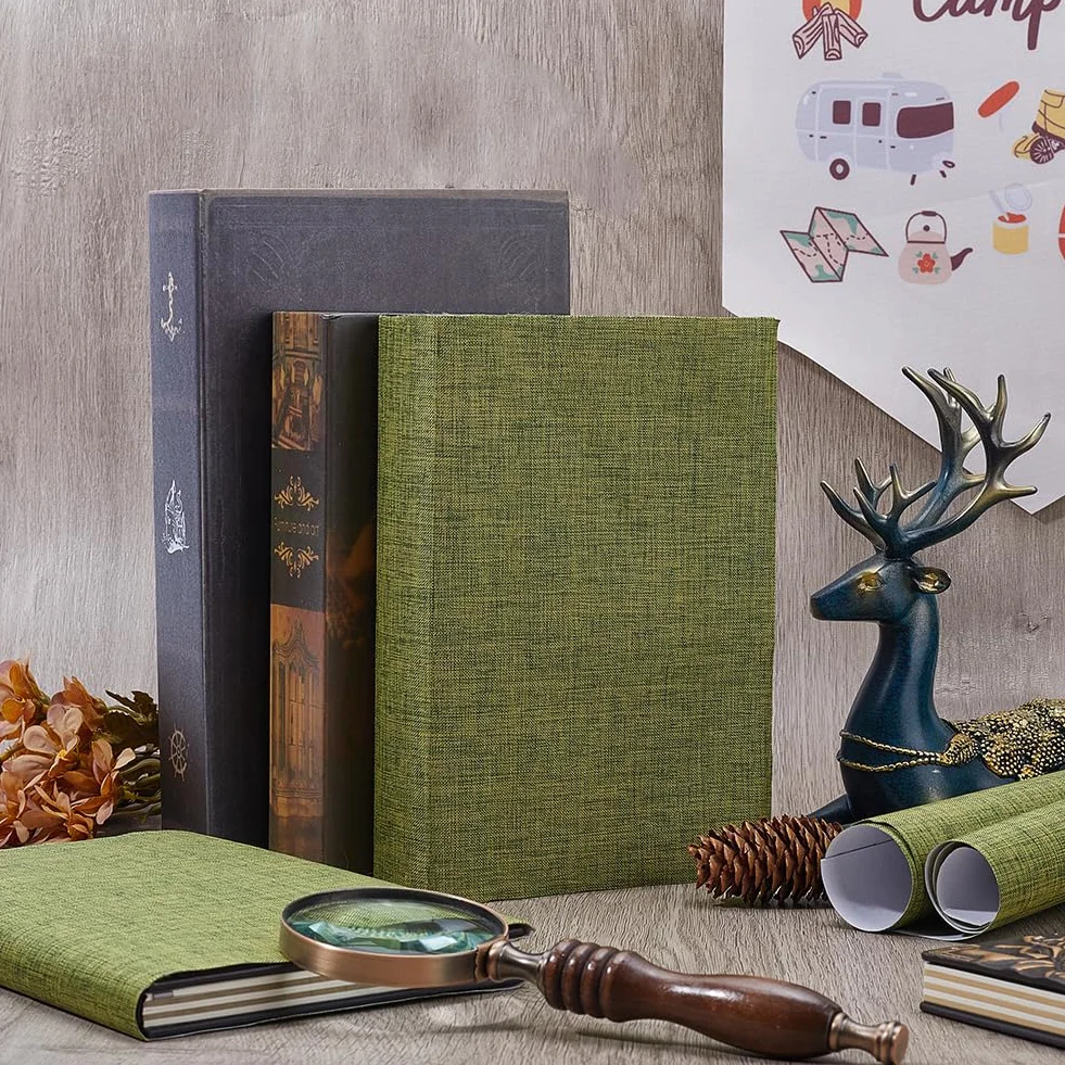 CRASPIRE Panno per Libri Verde Oliva 130 x 30 cm Lino Copertina per Libri con Supporto in Carta Scrapbooking