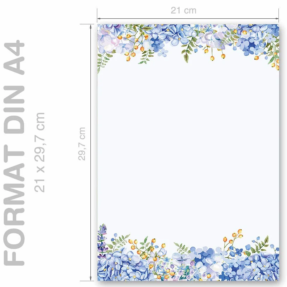 ORTENSIE BLU Carta da Lettera Decorata A4 20 Fogli