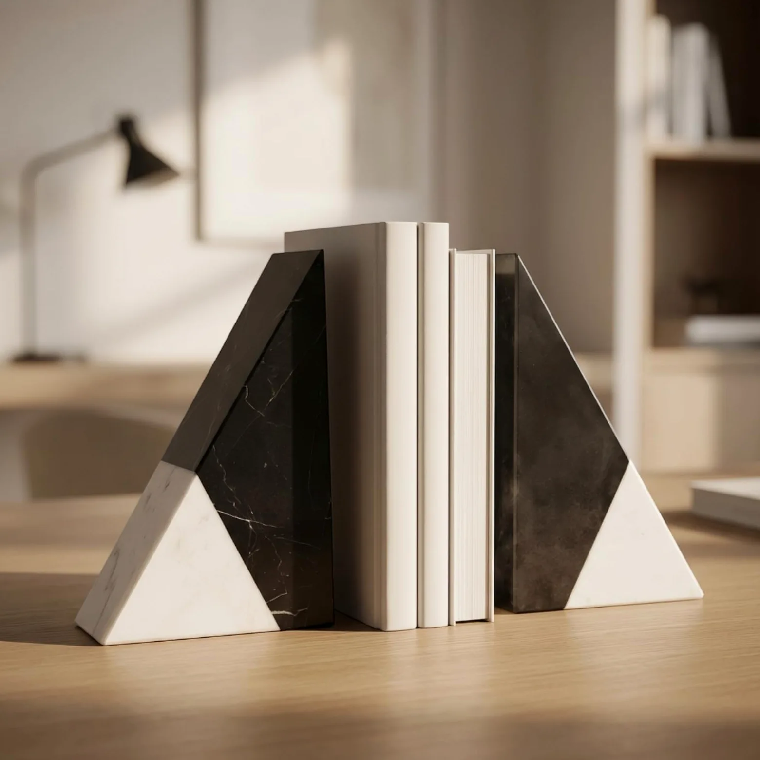 Fermalibri in Marmo Pesante Fermalibri Geometrici Minimalista Reggilibri di Pietra per Lettori, Collezionisti, Nero+Bianco