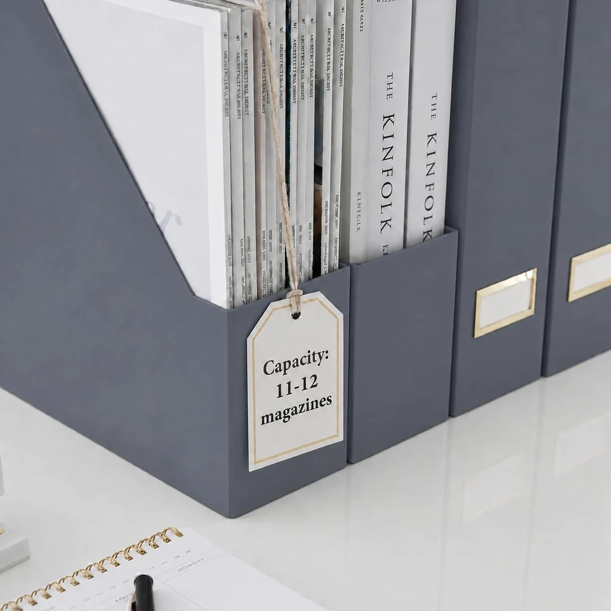 Blu Monaco Set di 6 portariviste pieghevoli grigi con porta etichette dorate, eleganti scatole per documenti per scrivania, libreria o organizzazione in classe