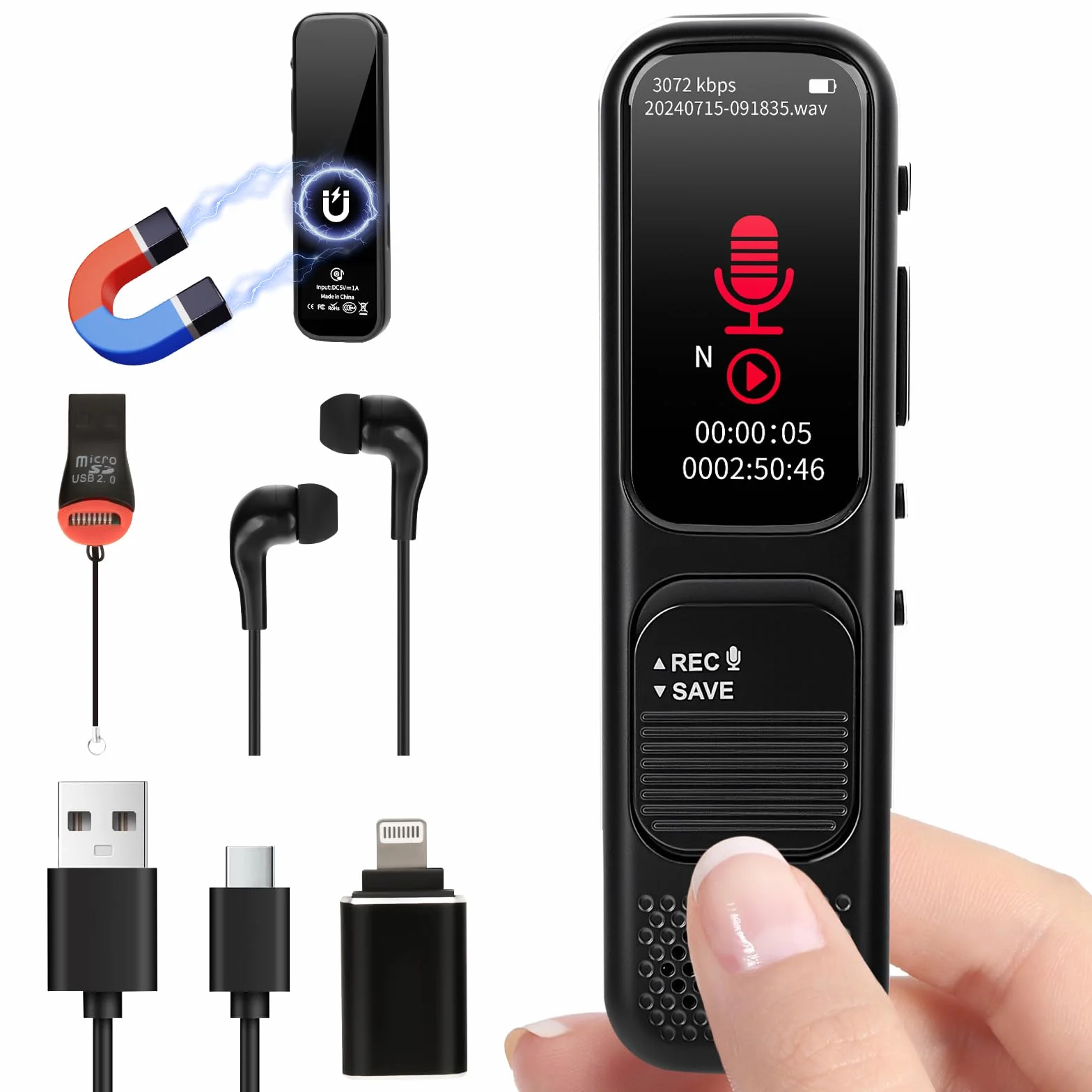 64GB Registratore Vocale Professionale - 3072kpbs Registratori Vocali Digitali Portatile con Attivazione Vocale, Registratore Audio per Chiamate Riunioni Lezioni Colloqui