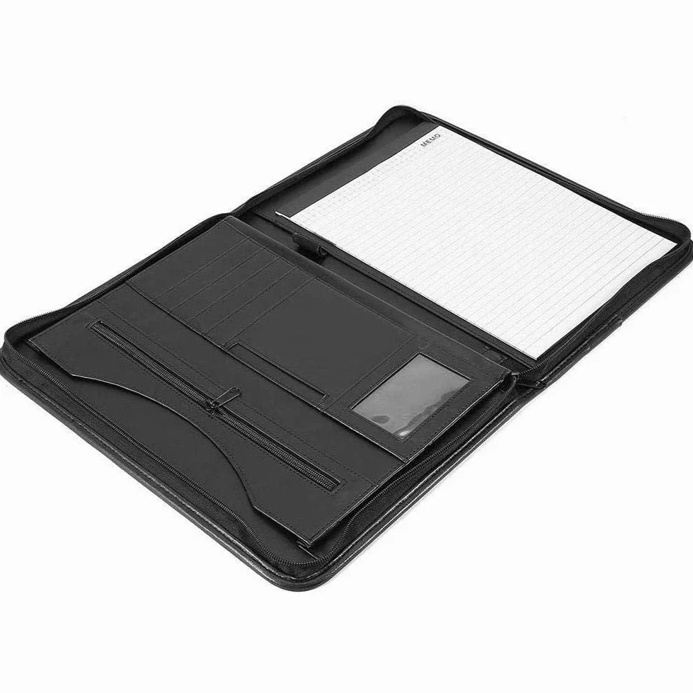 Cartella Portadocumenti A4 Pelle con Cerniera, Cartelle Porta Documenti Organizer Borsa per Conferenza, con fessure e porta biglietti, Nero