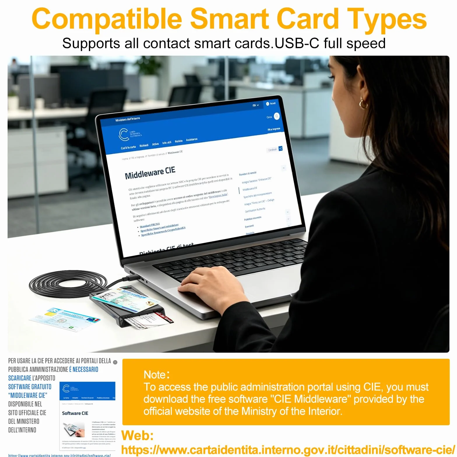 USB C Lettore CIE 3.0 Carta d'identità Elettronica e Tessera Sanitaria Italiana,Lettore Smart Card Firma Digitale Lettore Smart contatto e contactless CIE/CRS/CNS,Lettore NFC per Windows 10 11 Linux