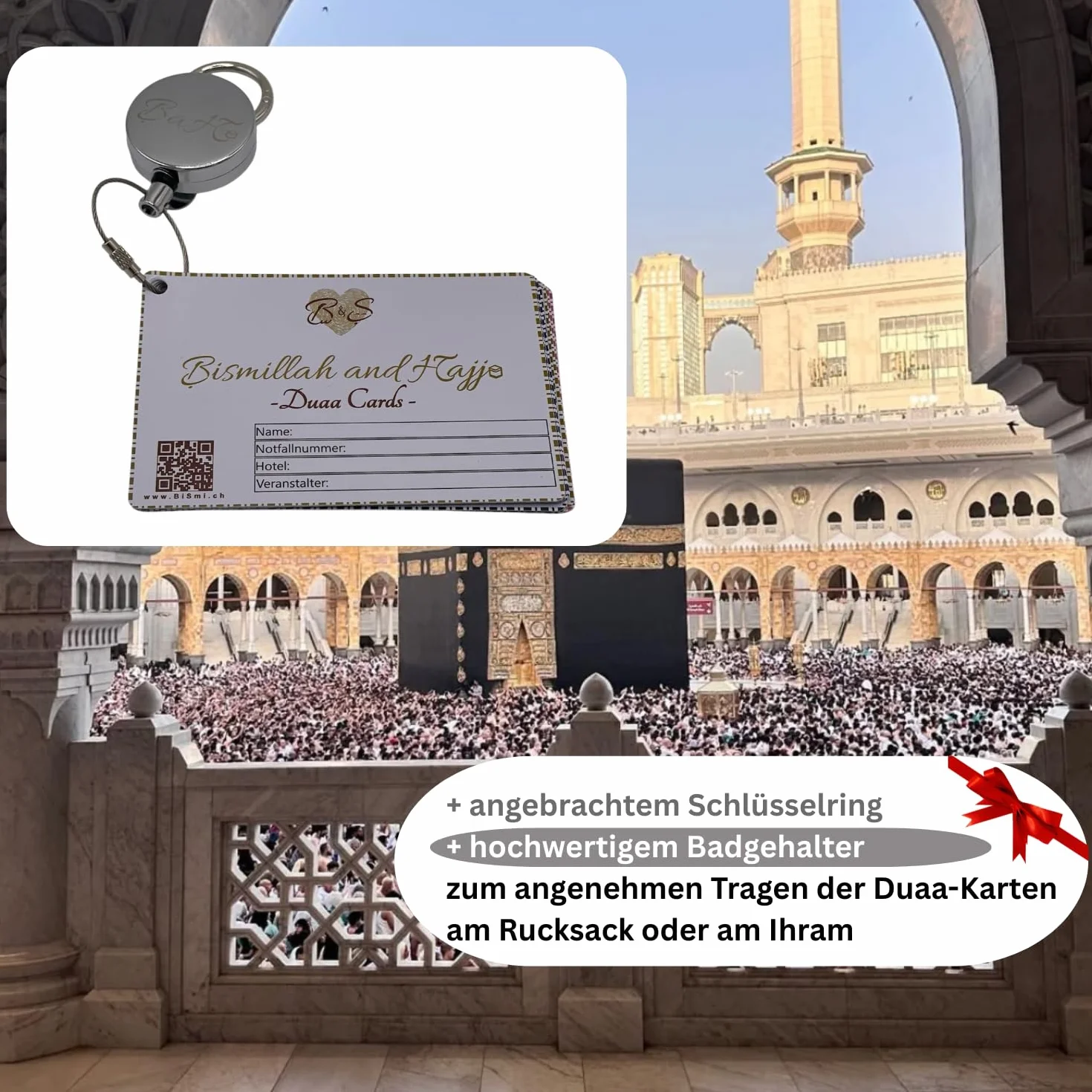 Bismillah and Hajj Duaa Cards & Guide per Hajj e Umrah con Supporto per Badge Argento