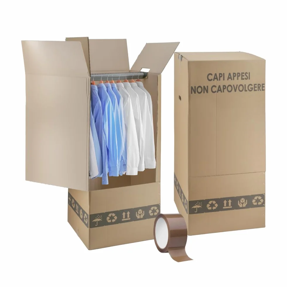 IMBALLAGGI 2000 Scatole Cartone Porta Abiti con Barra Appendiabiti 50x50 cm h 110 cm Scatoloni Doppia Onda per Trasloco Armadio 2 pezzi + Nastro Adesivo
