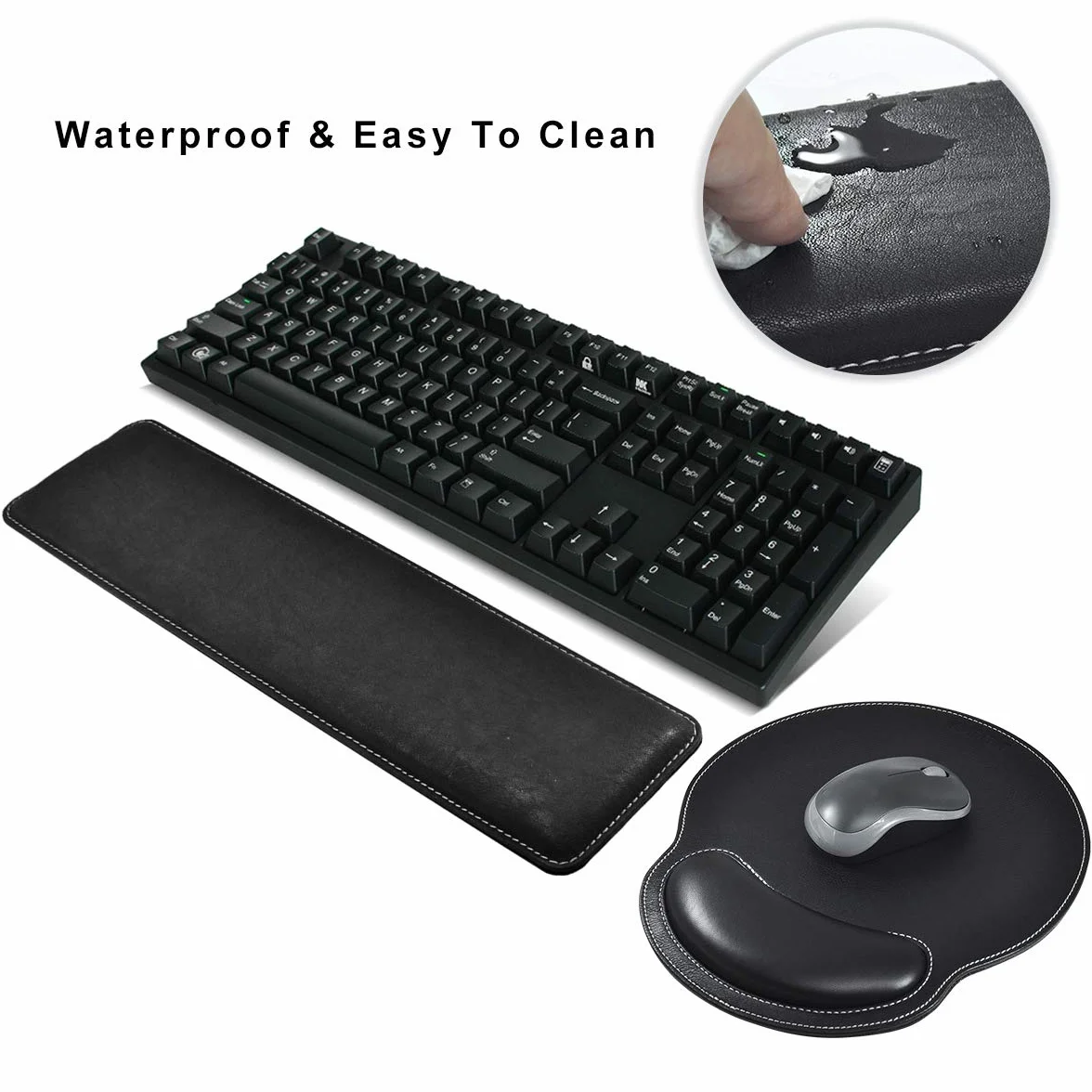 MAIDERN Poggiapolsi per tastiera in pelle PU con supporto per polso, tappetino per mouse memory foam - nero