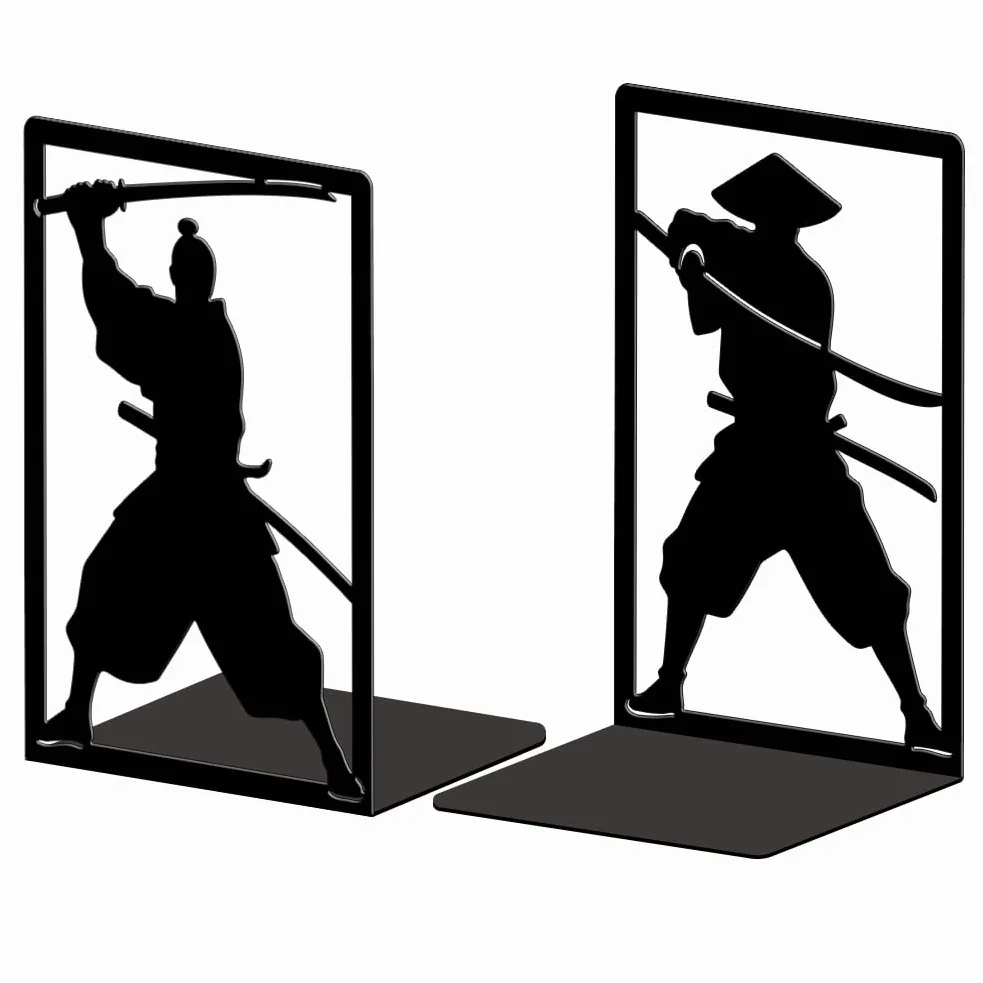 Peacoblue Fermalibri Originale in Metallo Nero, Fermalibri Samurai Giapponese Design Moderno Ferma Libri Decorativo per Ufficio, Cucina, Mensola e Libreria, 1 Coppia