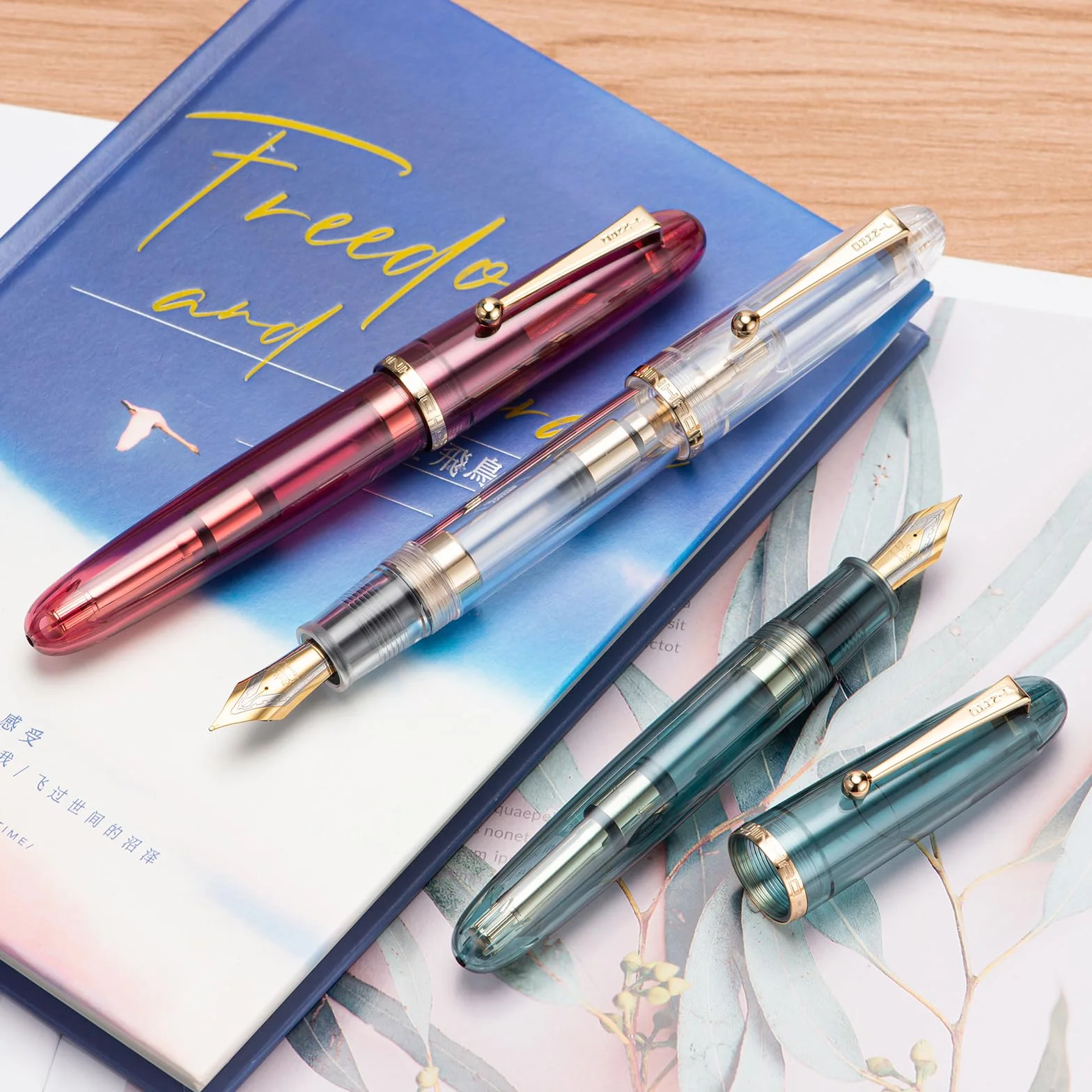 Asvine Jinhao 9019 Penna stilografica Dadao #8 pennino extra fine acrilico trasparente azzurro clip dorata