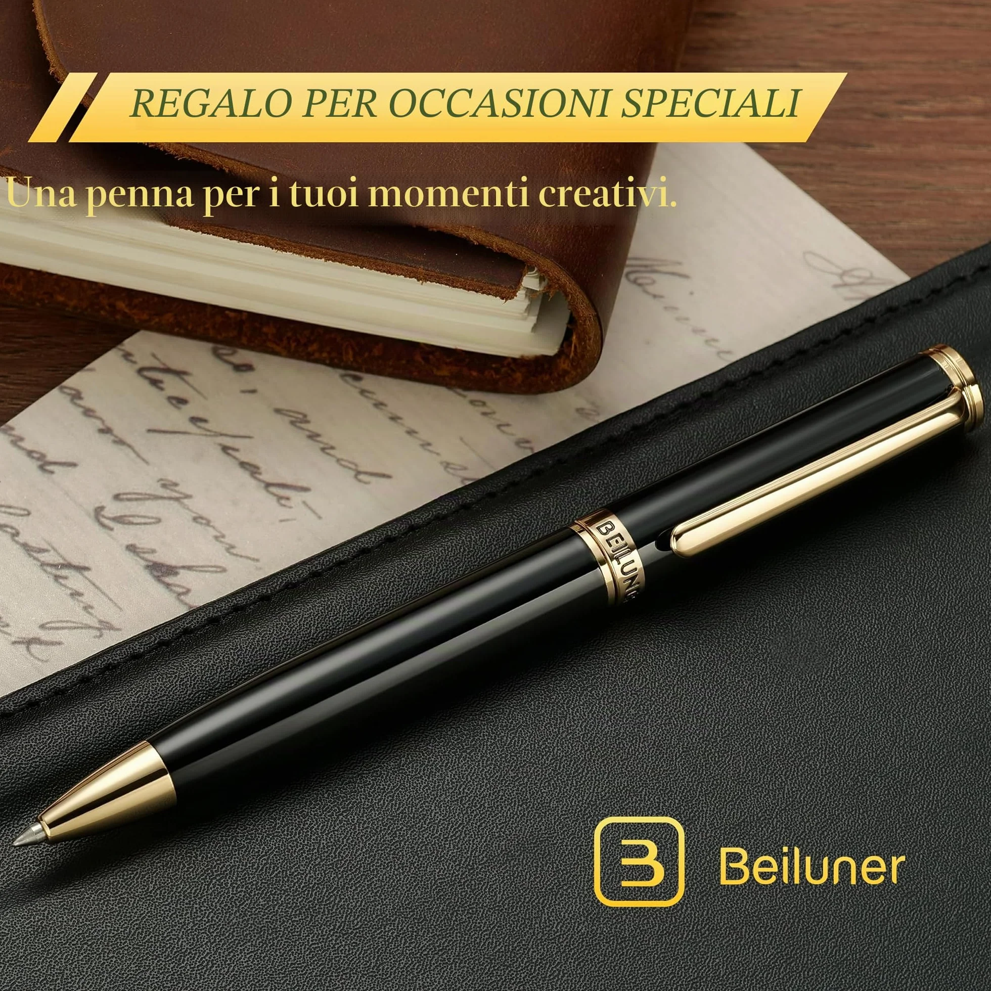 BEILUNER Penna a Gel Lusso con Finitura Oro 24K, Lacca Nera Piano, Artigianato di Classe, Miglior Set Regalo per Uomo/Donna, Professionale, Executive, Ufficio, Retrattile