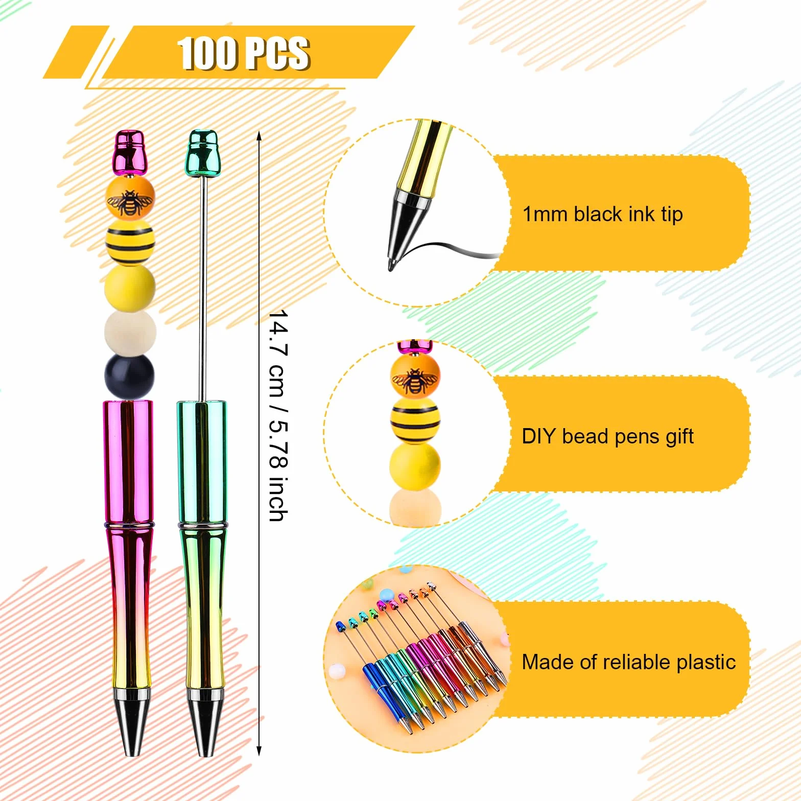 100pz Penne Perline, Kit di Plastica con Ricariche di Ricambio Colorate Fai-Da-Te per Regali Ufficio Materiale Scolastico