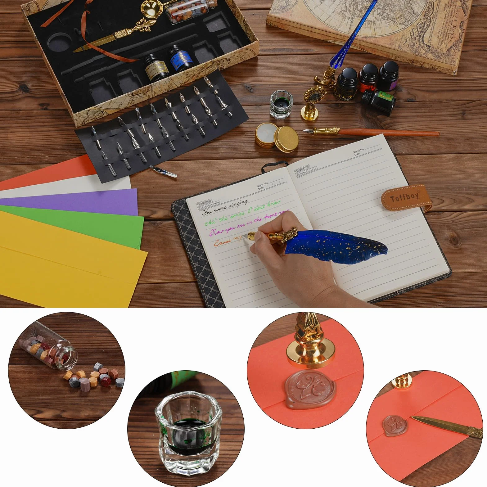 Kit di Penna a Immersione e Inchiostro, Penna Piuma Vintage con Sigillo di Cera, 6 Inchiostro e 18 Pennini di Ricambio, Penne per Calligrafia per Firma, Diario, Scrittura e Disegno