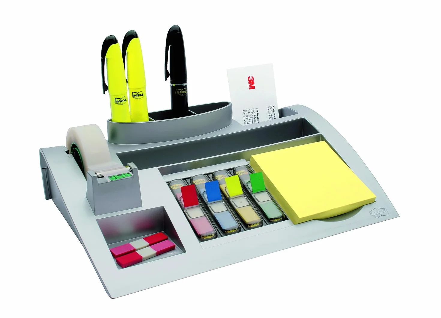 Post-it Organizer da Scrivania, Contiene una Confezione di Foglietti (100 Fogli per Blocco), 4 x 35 Segnapagina Index e Nastro Adesivo Scotch Magic, Colore Argento
