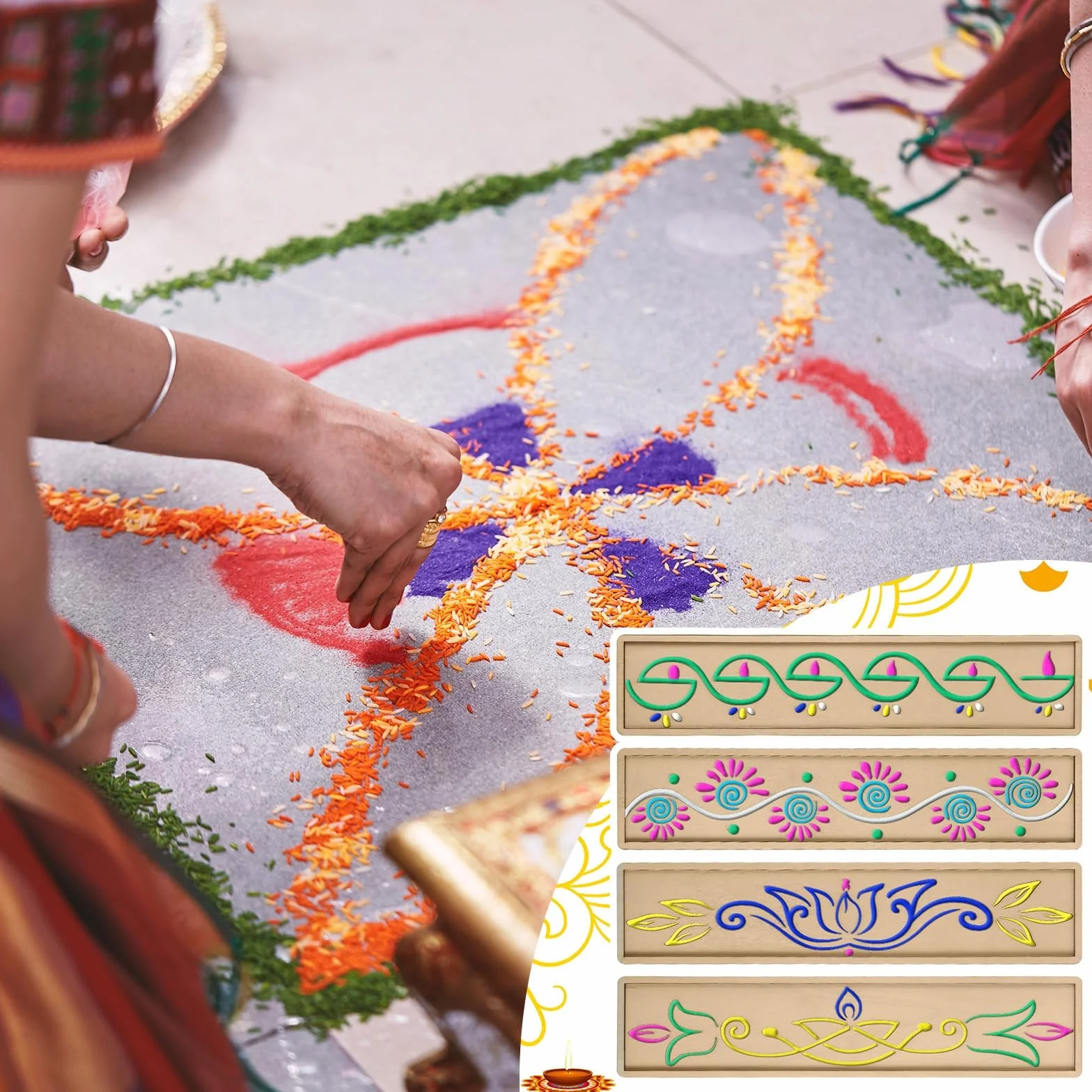 Stencil Rangoli in Legno Set 4 Pezzi Modelli Decorativi Mandala Fiori Riutilizzabili per Pittura Decorazione Pavimento