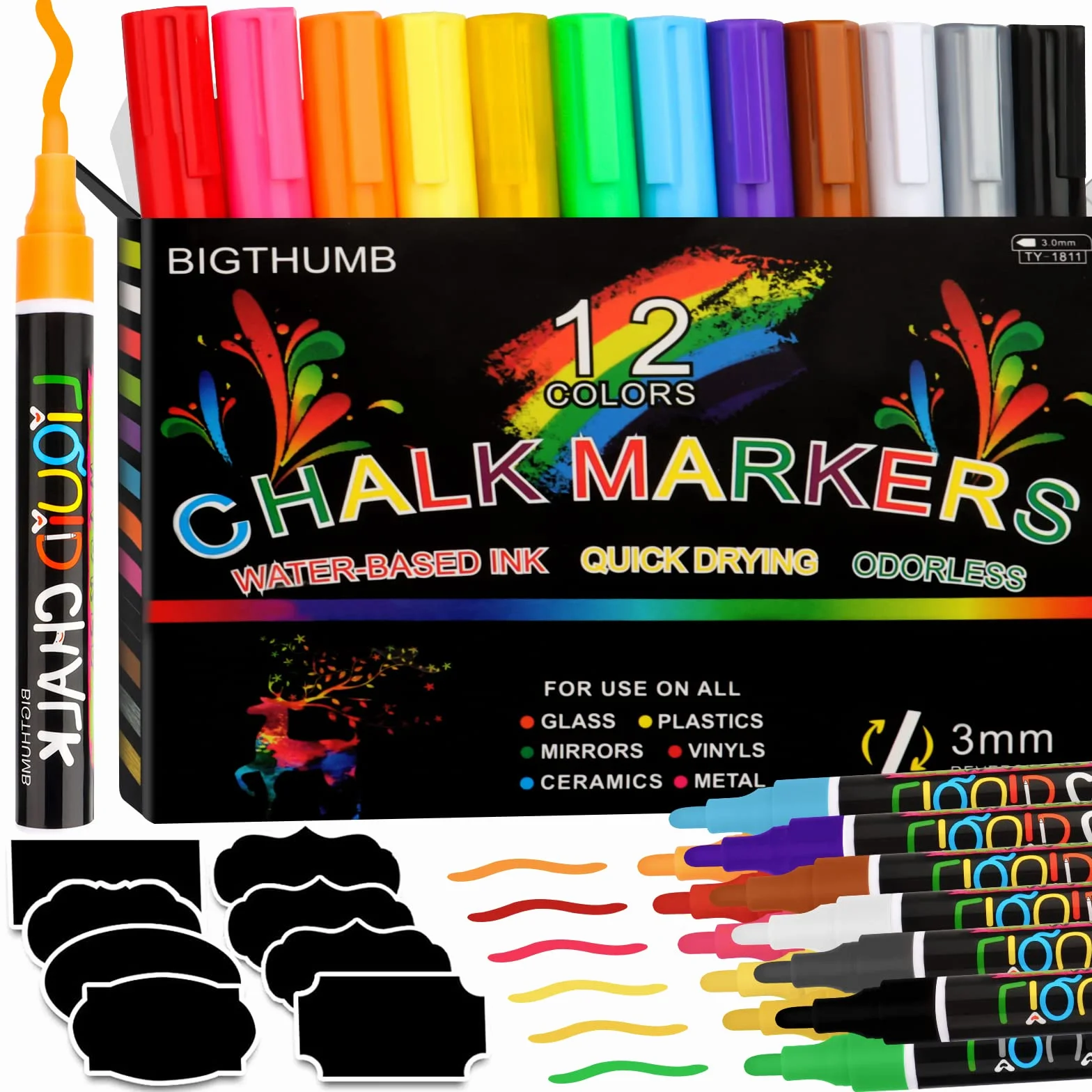 Talifoca Gesso Liquido 12 Colori Pennarelli Cancellabili 6 mm Punta Reversibile per Lavagna