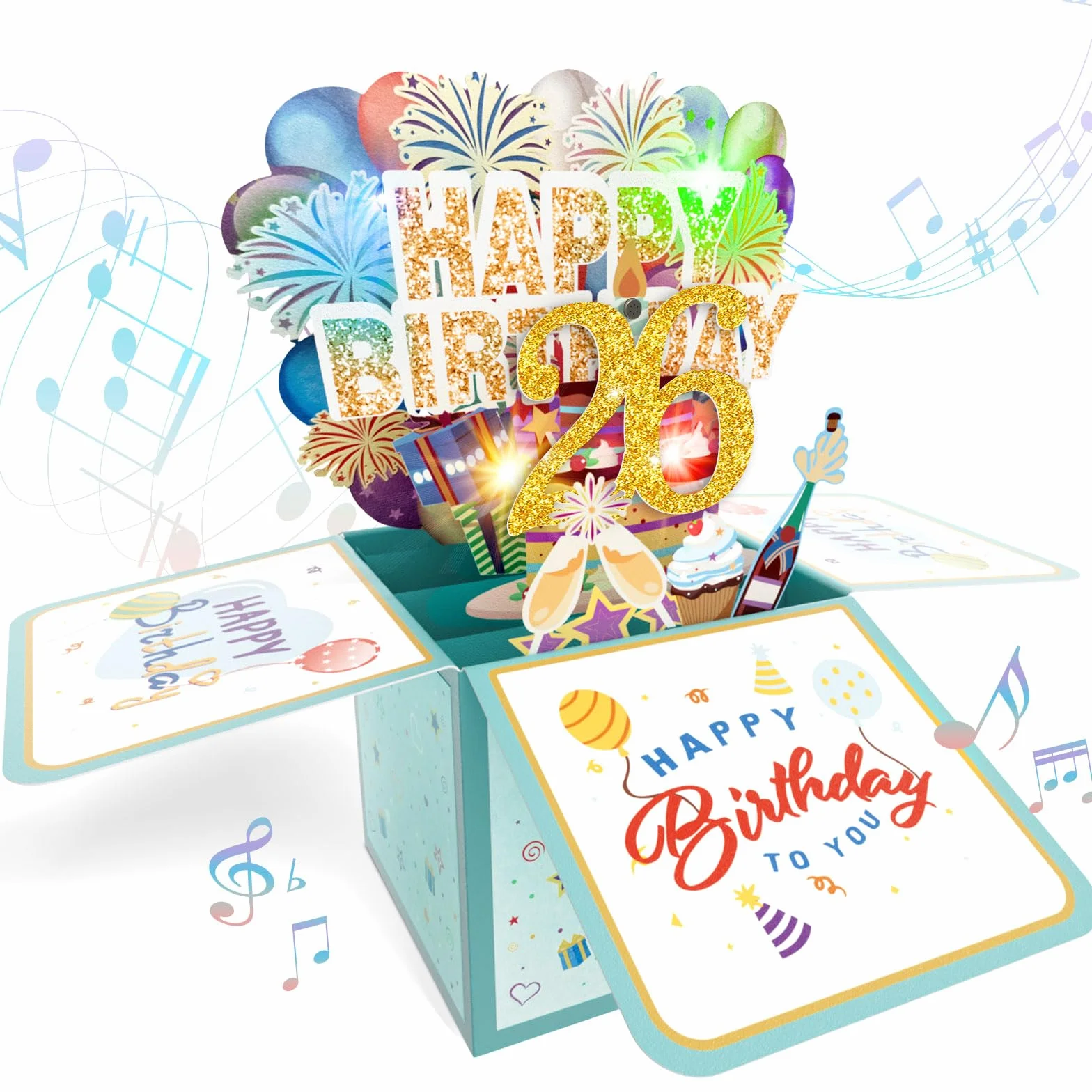 Biglietto di auguri pop-up per il 26° compleanno, con luci soffiabili e musica, divertente biglietto di auguri pieghevole 3D, regalo per 26 anni ragazzo ragazza amici