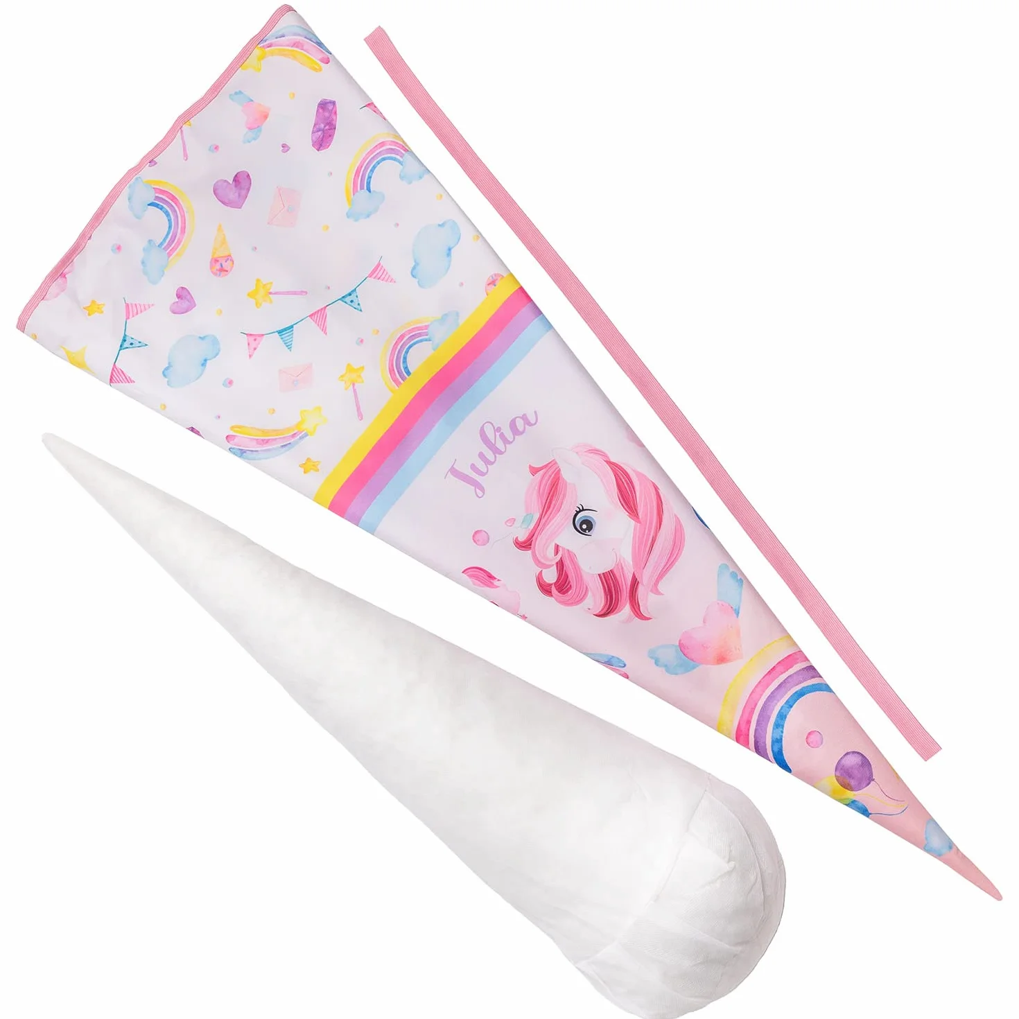 Ferocity Cono di Scuola Unicorno Glitter PHOTO Personalizzato 70 cm Cono di Zucchero con Struttura di Cartone e Riempimento Grande Cuscino