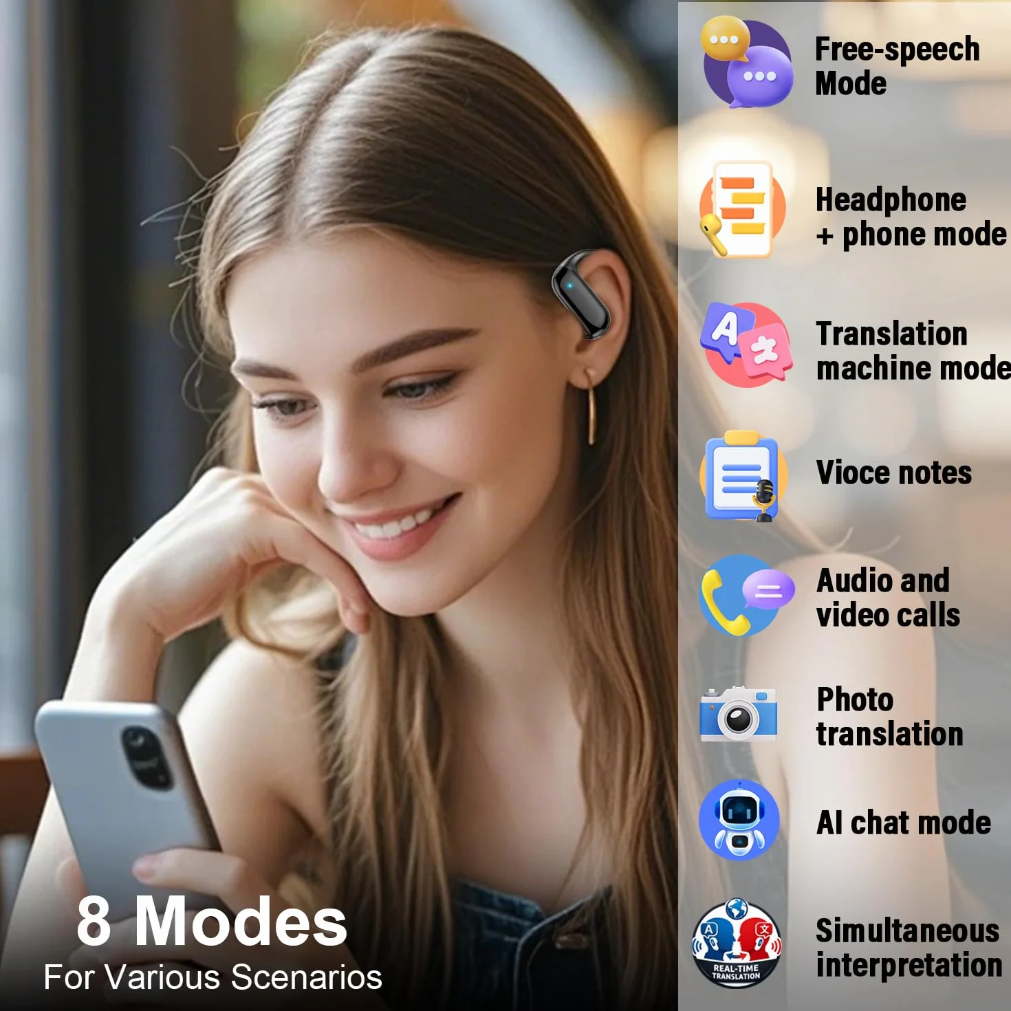 AI Cuffie Traduzione Simultanea, 3-in-1 Bluetooth 5.4 Cuffie Traduzione con 165 Lingue/8 Modalità, 42 Ore Open Ear Auricolari Bluetooth con APP e Codice Autorizz Permanente per Viaggi/Affari/Studio