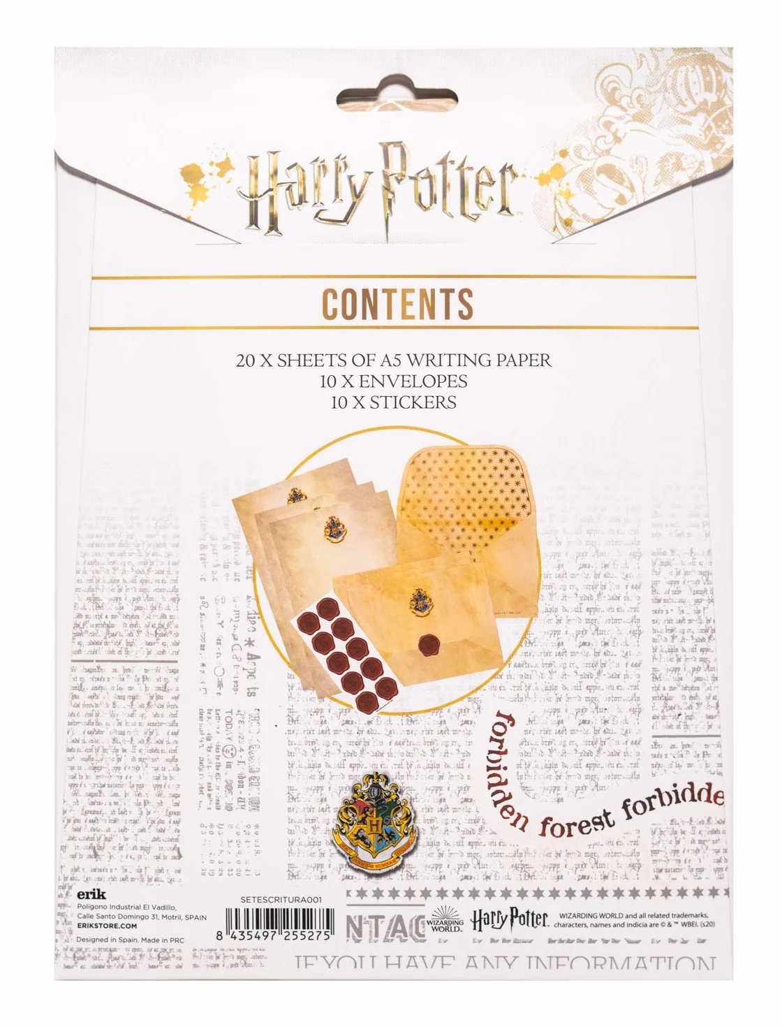 Grupo Erik Harry Potter Hogwarts Set Cancelleria Lettera - 20 fogli A5, 10 buste, 10 sigilli, Regalo Ufficiale