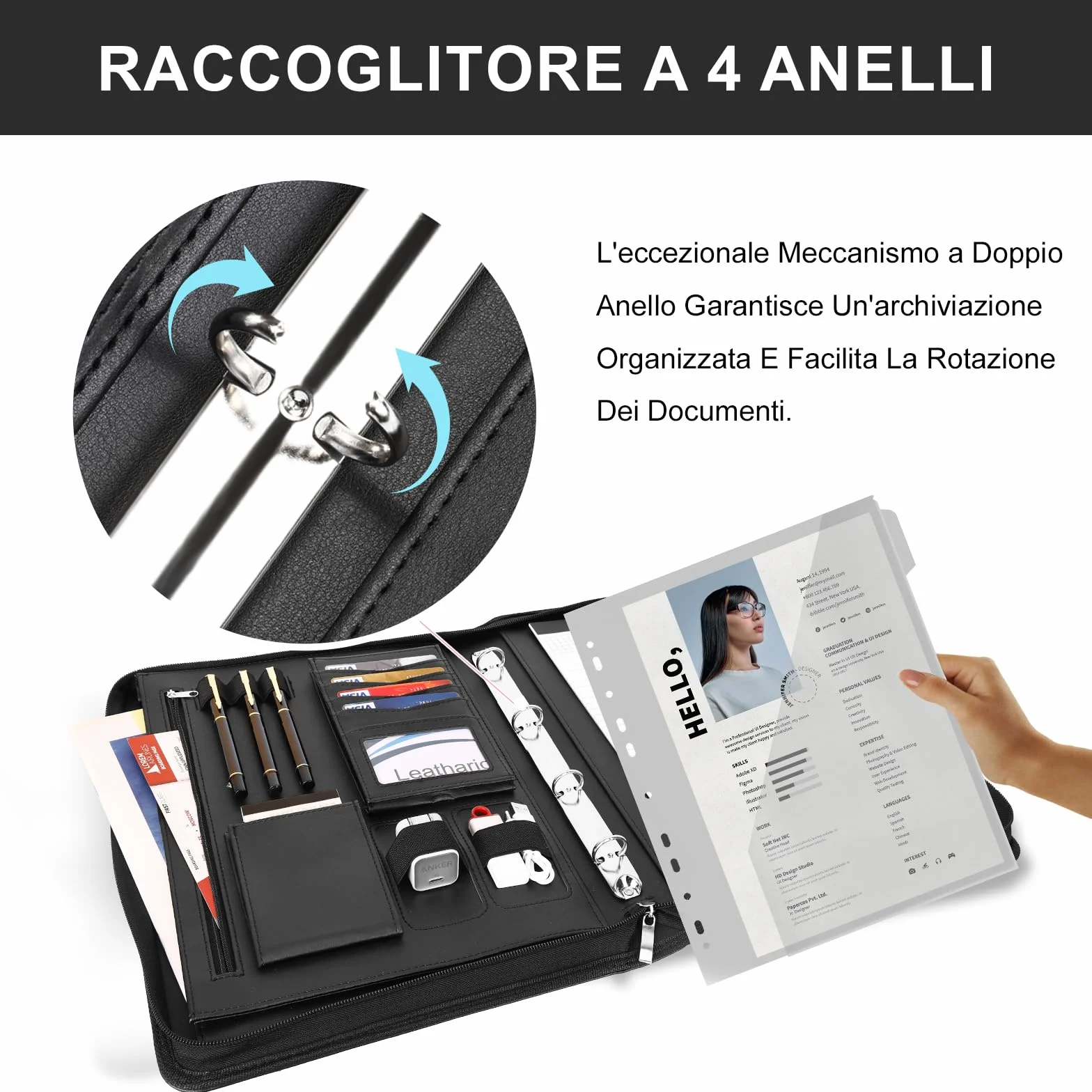 Leathario Cartella Portadocumenti A4 Pelle Vegana con Maniglia Quaderno Raccoglitore ad Anelli per Colloqui Viaggi Riunioni