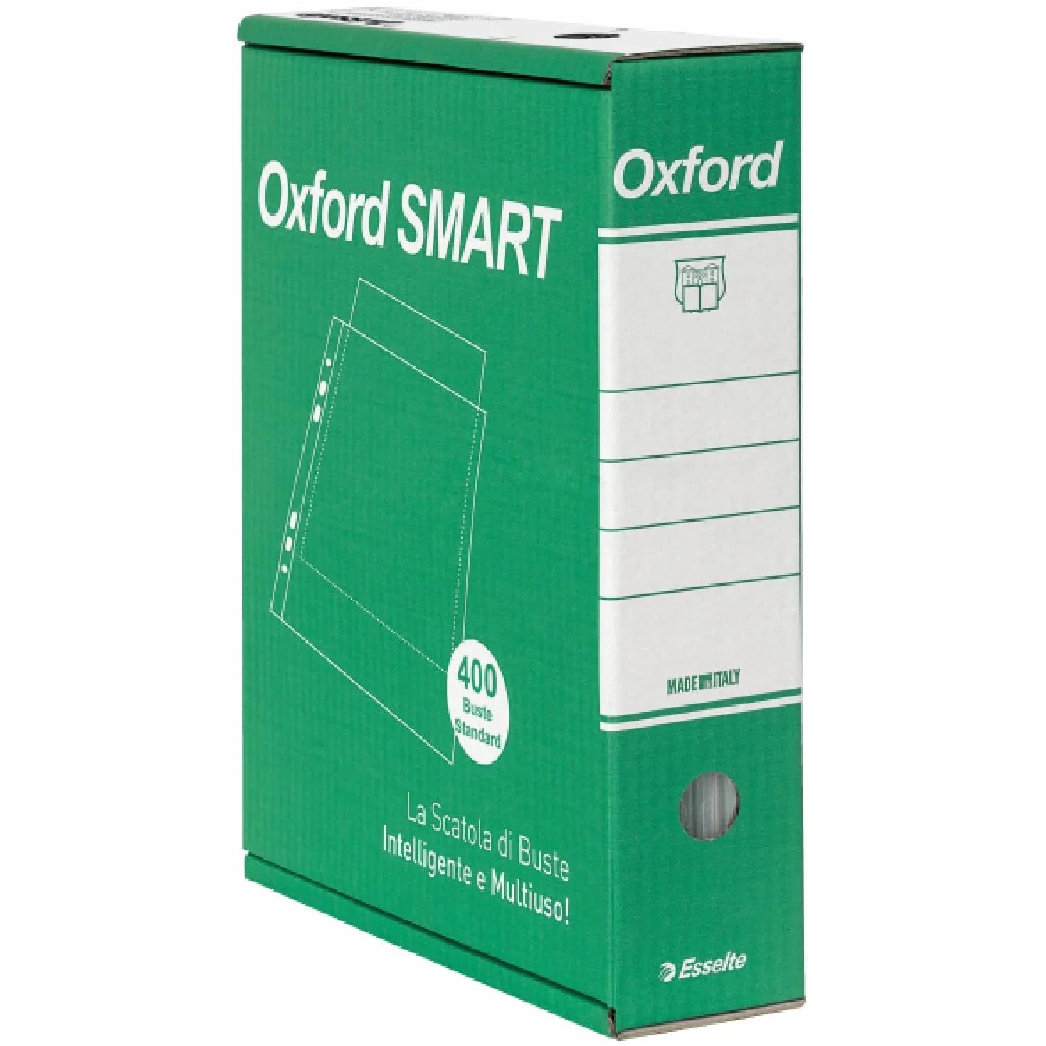 Esselte OXFORD SMART Buste per raccoglitori a perforazione universale A4 Standard, 400 pezzi (4 x 100), PP Antiriflesso, con Scatola Multiuso