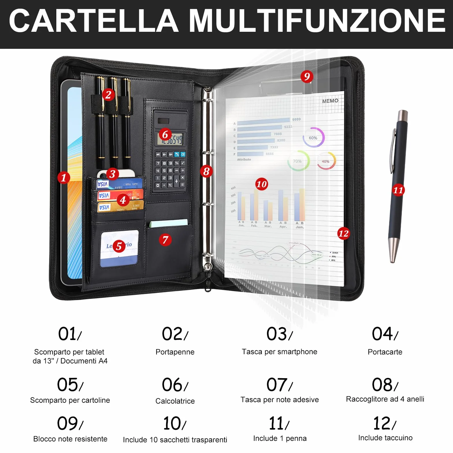 Leathario Cartella Portadocumenti A4 PU Pelle Portablocchi Organizzatore con Quaderno