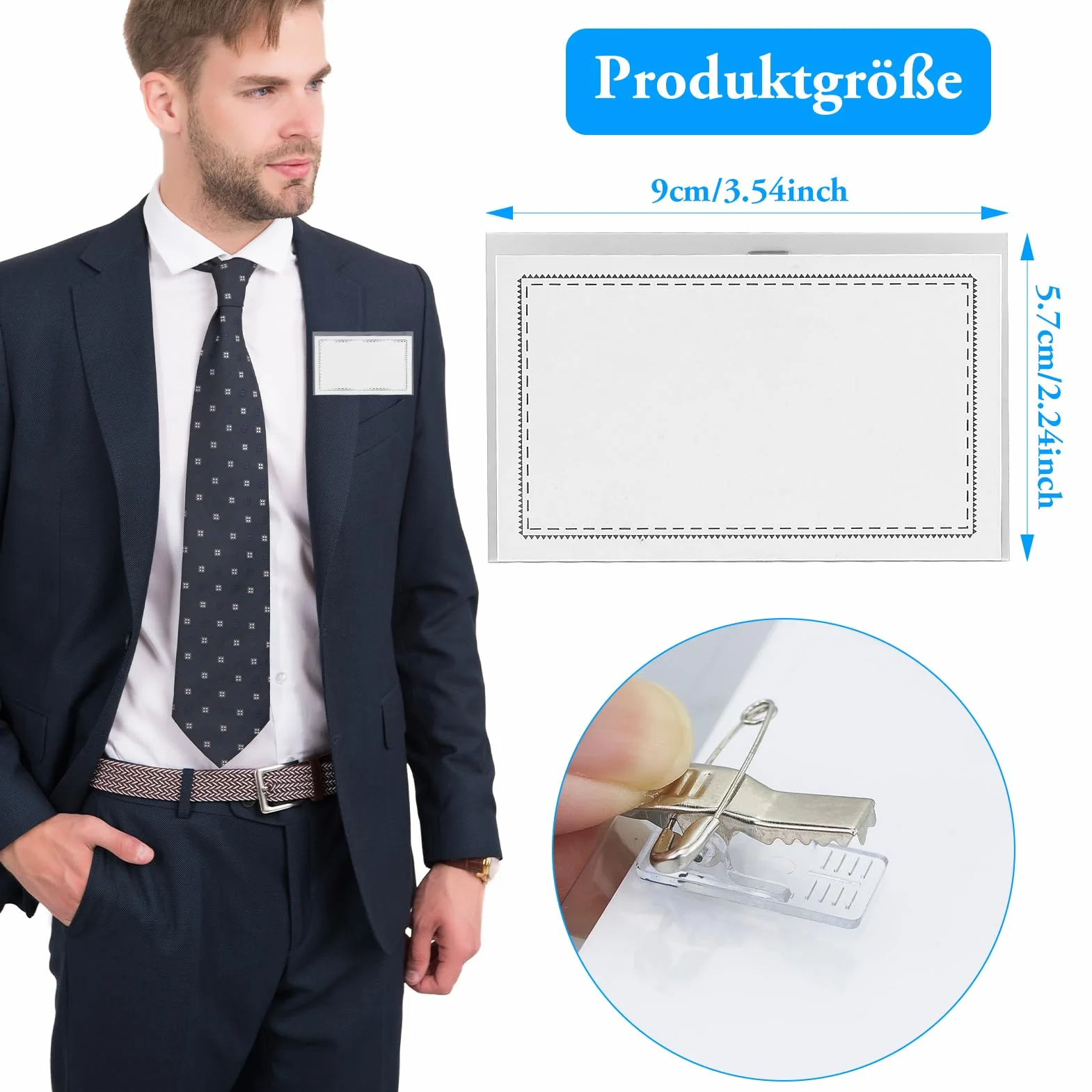Targhette per nome trasparenti 90 x 56 mm con clip per vestiti