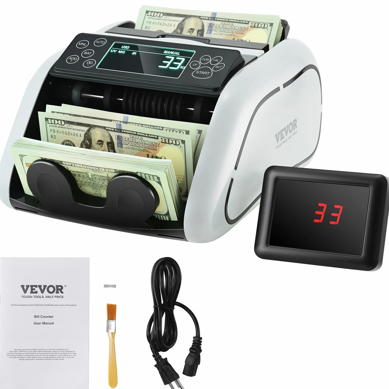 VEVOR Contasoldi, Contabanconote con rilevamento di banconote contraffatte UV, MG, IR e DD, Conta contanti USD ed EUR con ampio display LCD e display esterno per ufficio imprese