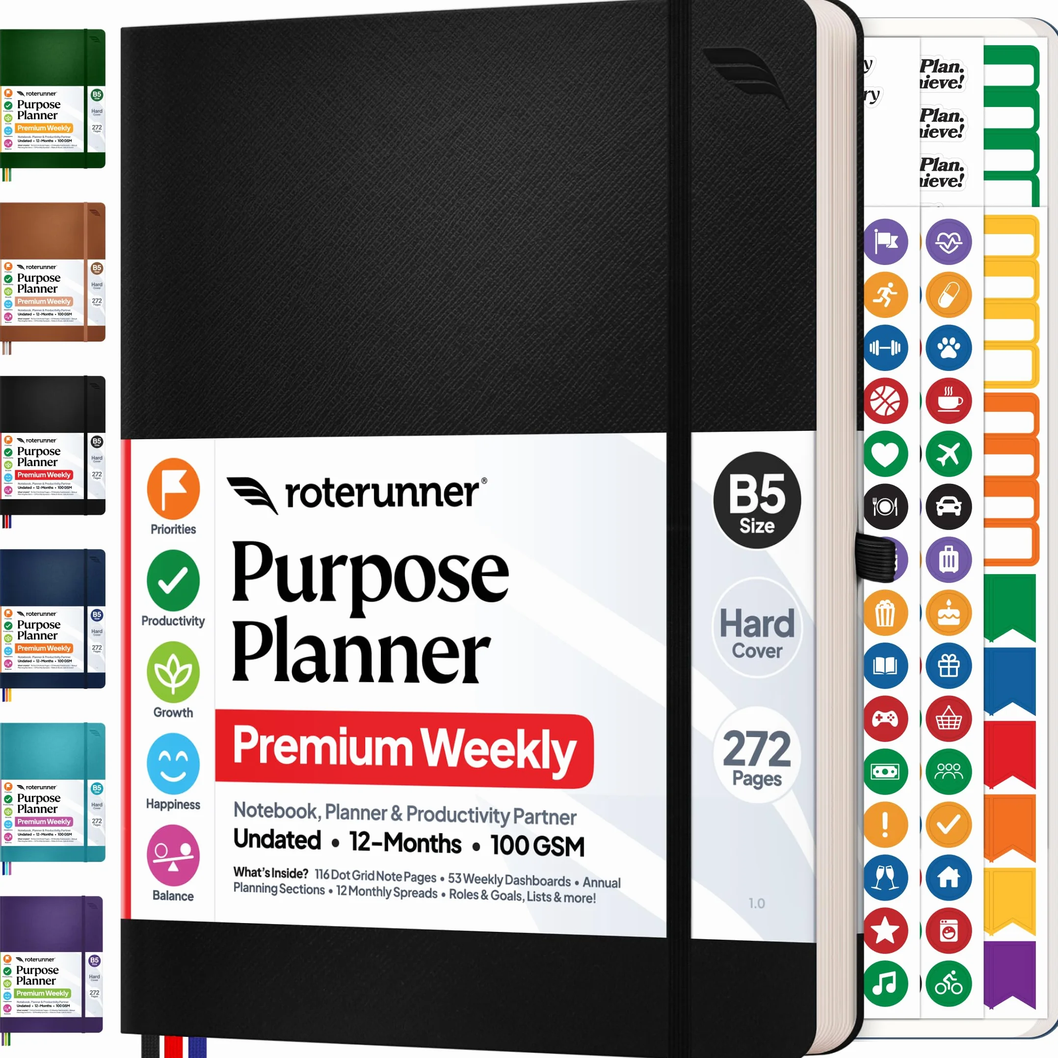 Roterunner Agenda B5 19 x 24,9 cm, 12 mesi, non datato, 2026, giornaliera, settimanale e mensile, strumento per l'impostazione degli obiettivi di produttività, per lavoro, casa, ADHD, per adulti e