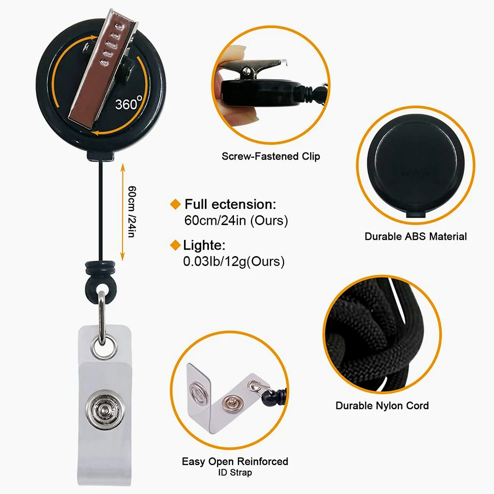 Premium Badges, confezione da 50 porta badge retrattili con clip a coccodrillo girevole, confezione da 6